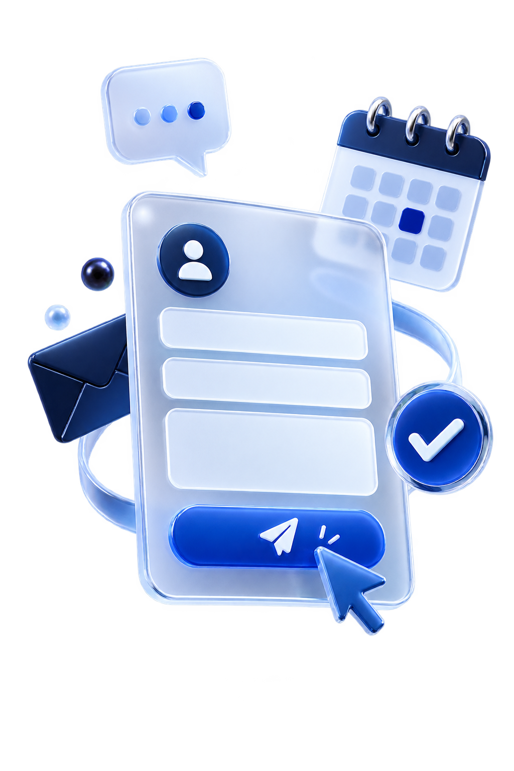 Digital illustration of a social media or messaging app interface with icons of a profile picture, chat bubble, calendar, envelope, check mark, and a paper plane, presented in a blue and white color scheme.