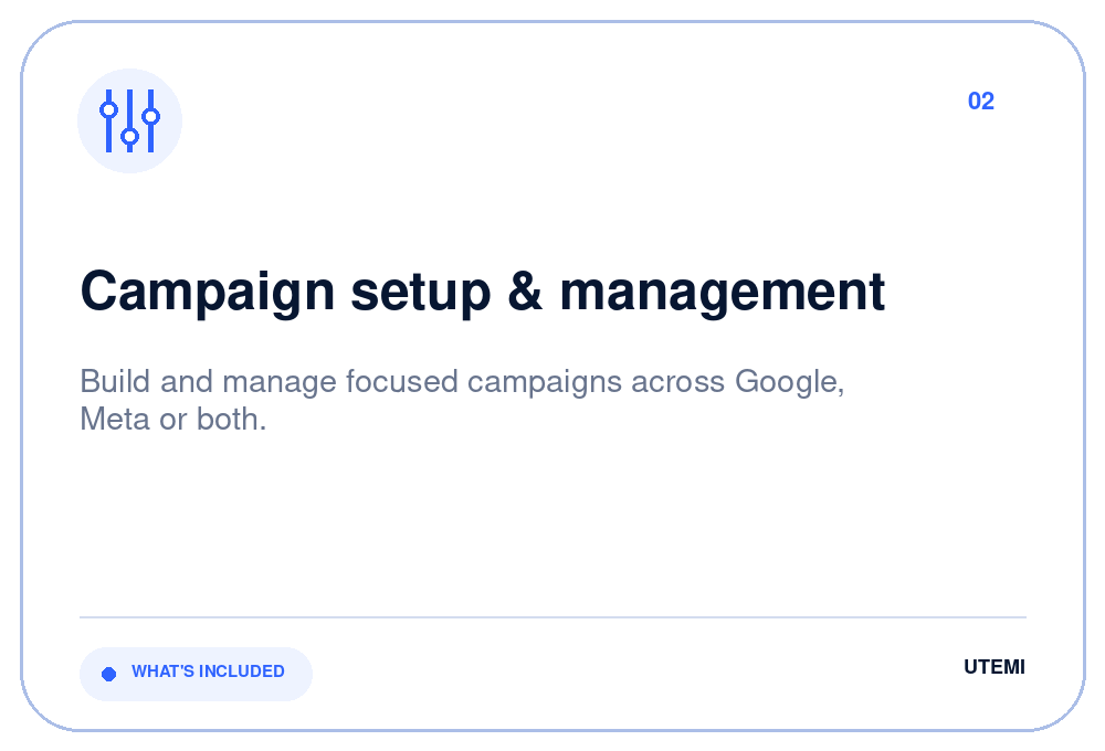 Slide titled 'Campaign setup & management' with a subtitle about building and managing campaigns on Google, Meta, or both, with a 'WHAT'S INCLUDED' button at the bottom left and the word 'UTEMI' at the bottom right.