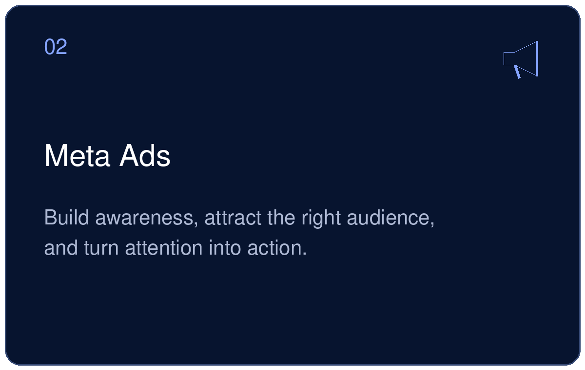 Slide showing the title 'Meta Ads' with the subtitle 'Build awareness, attract the right audience, and turn attention into action.' in a presentation format.