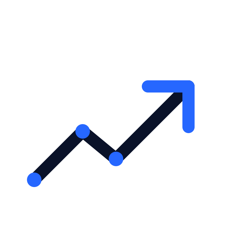 A line graph showing an upward trend with four blue data points and an arrow pointing up at the end.