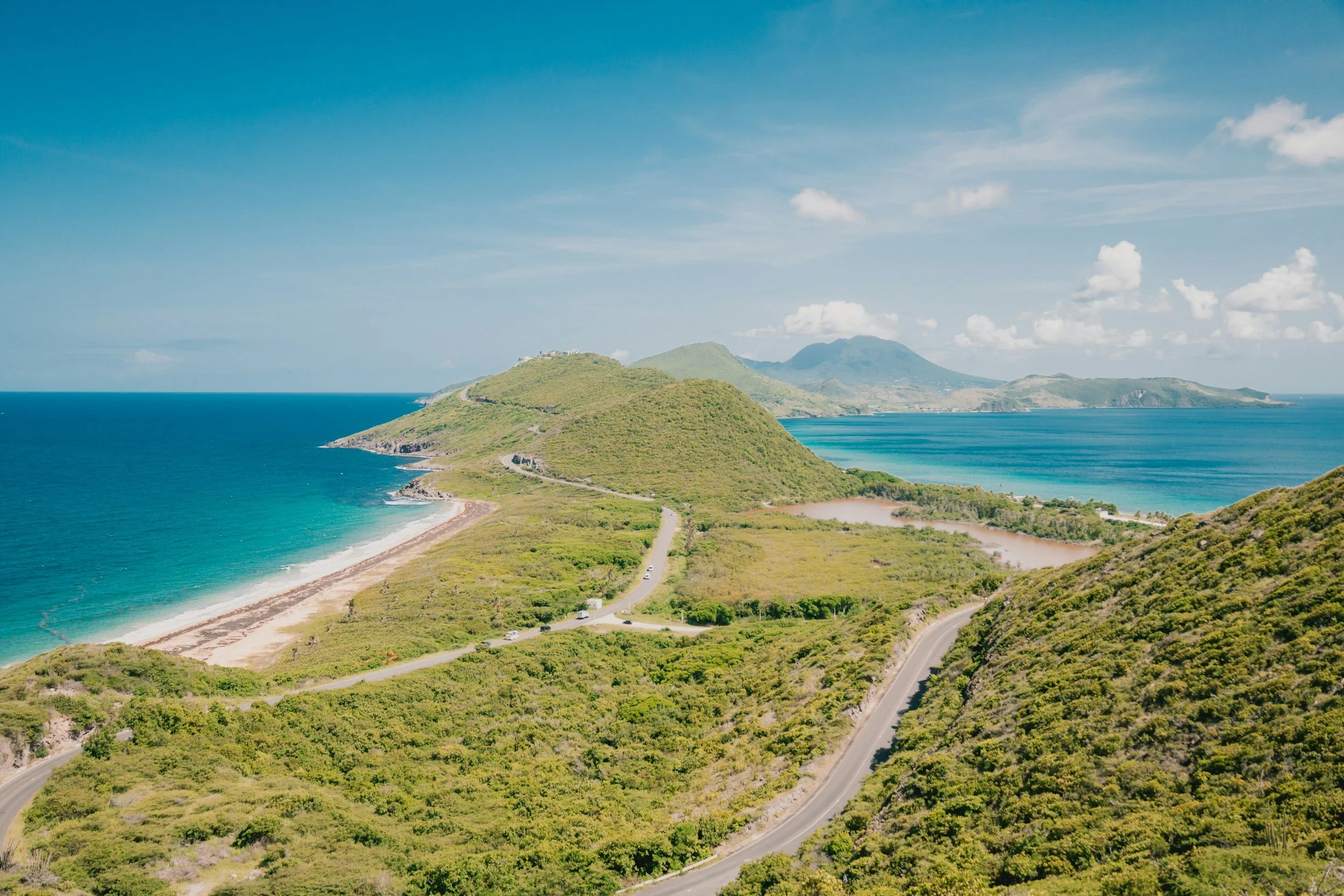 Green hills and two coastlines on the island of St. Kitts