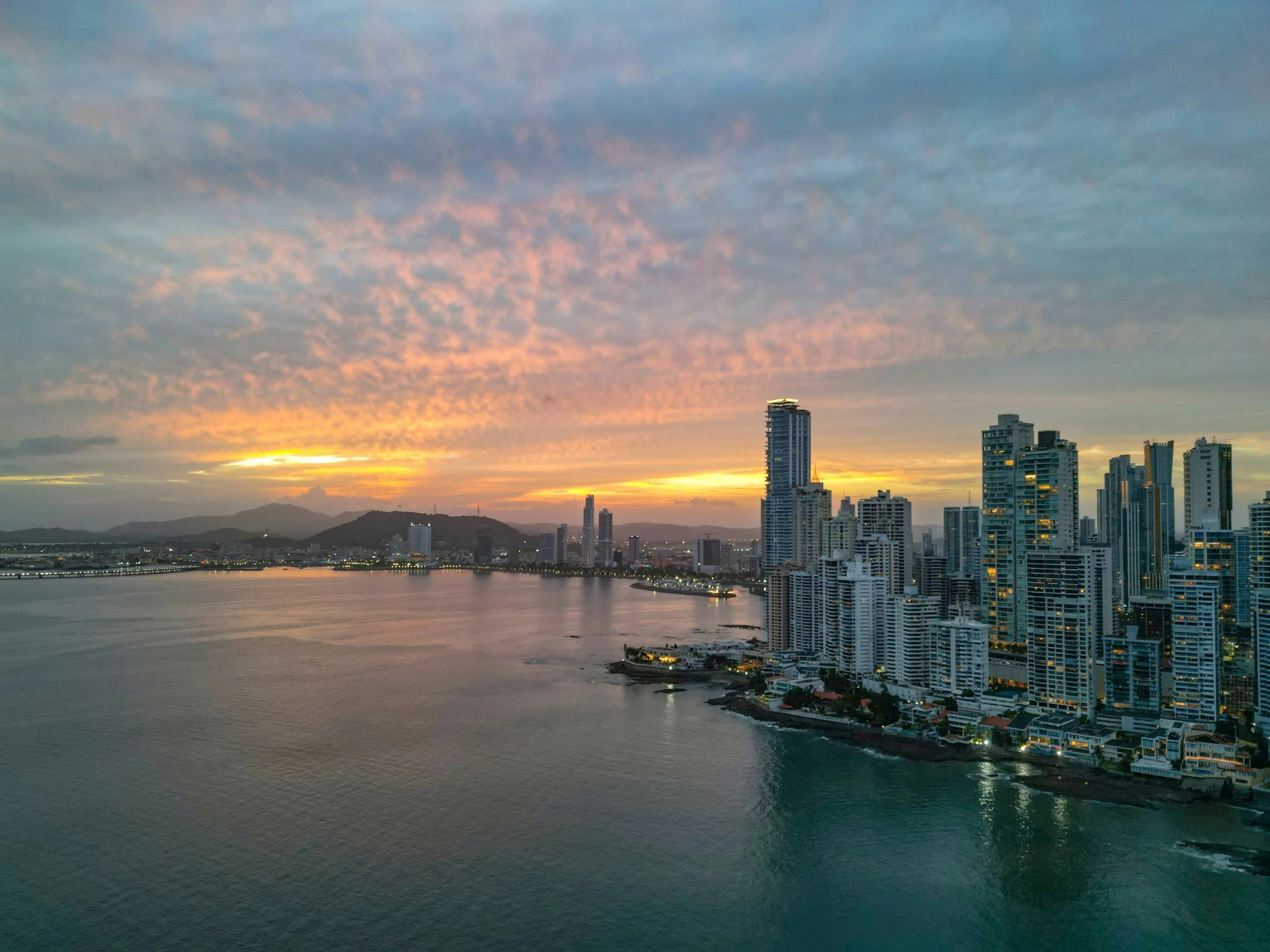 Panama City skyline and waterfront at sunset