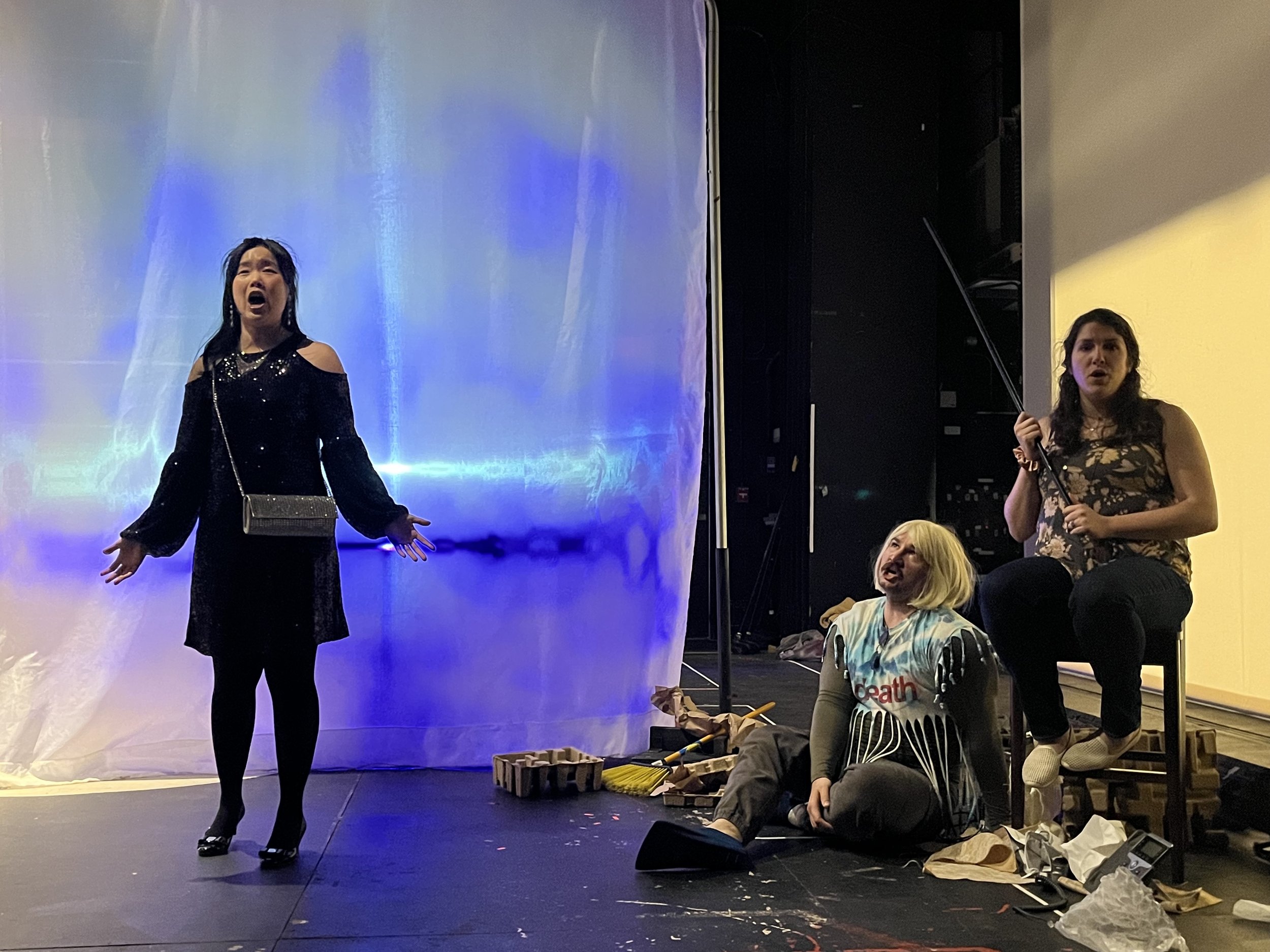 Chris as Sirenity in UConn's "The Watering Hole," 2025. With Yoonjeong Fox-Yoo and Kelly Powers.