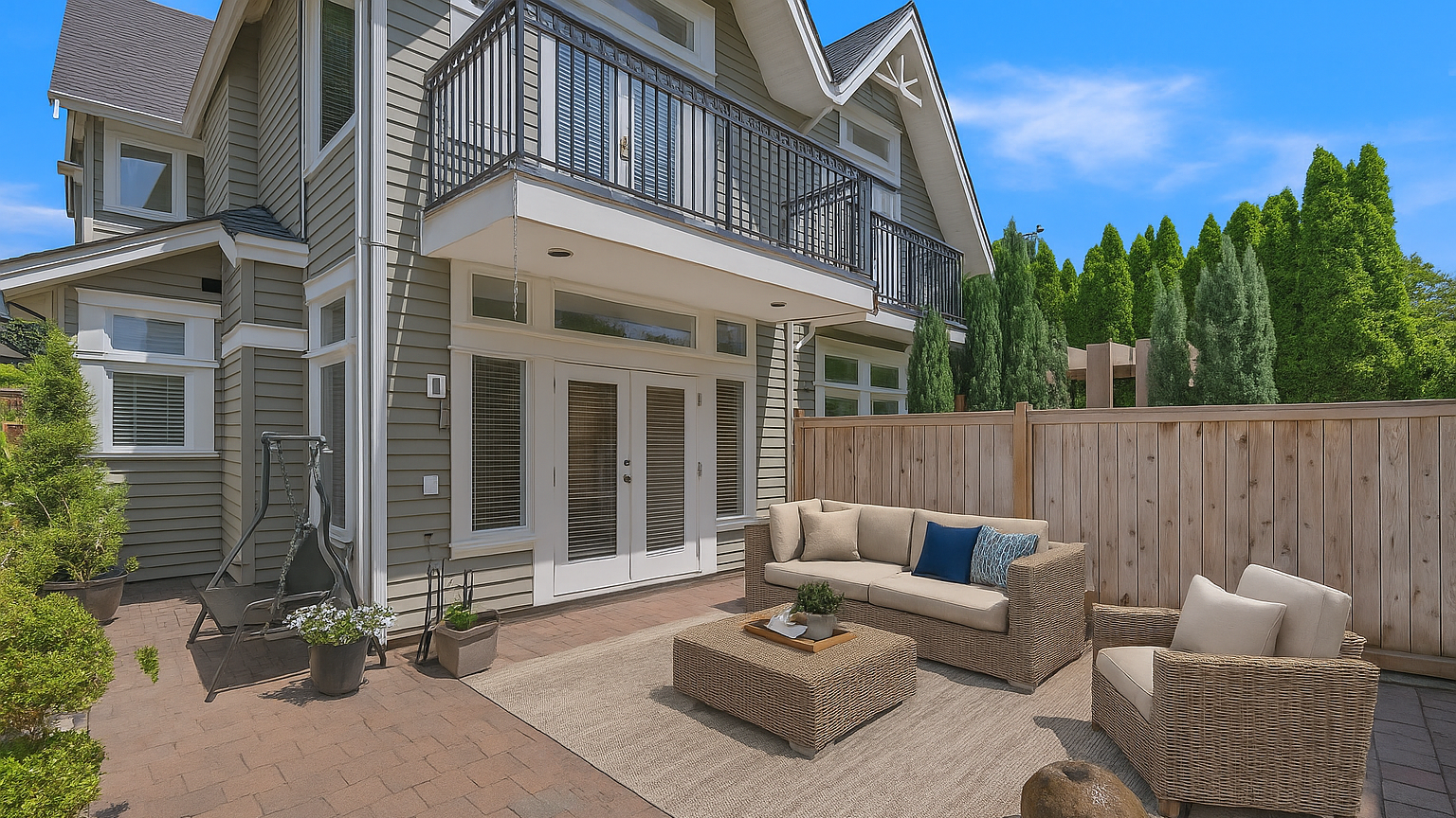 Outdoor patio with beige wicker sofa, armchair, coffee table, and a beige rug, enclosed by a wooden fence, attached to a two-story house with gray siding and large windows, under a clear blue sky with trees in the background.