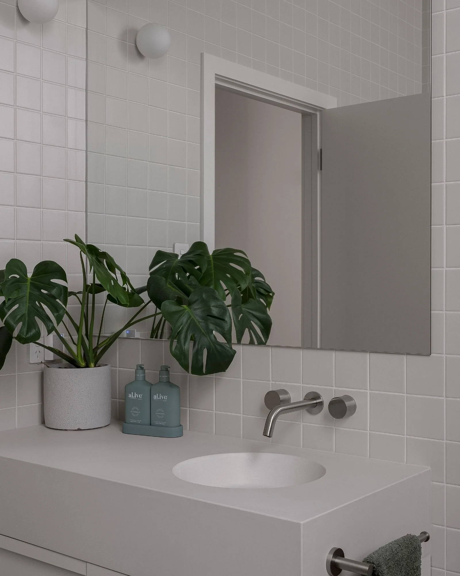 A modern bathroom with a mirror, a white countertop with a circular sink and a silver faucet, a potted plant on the counter, and two blue bottles labeled 'alive'.