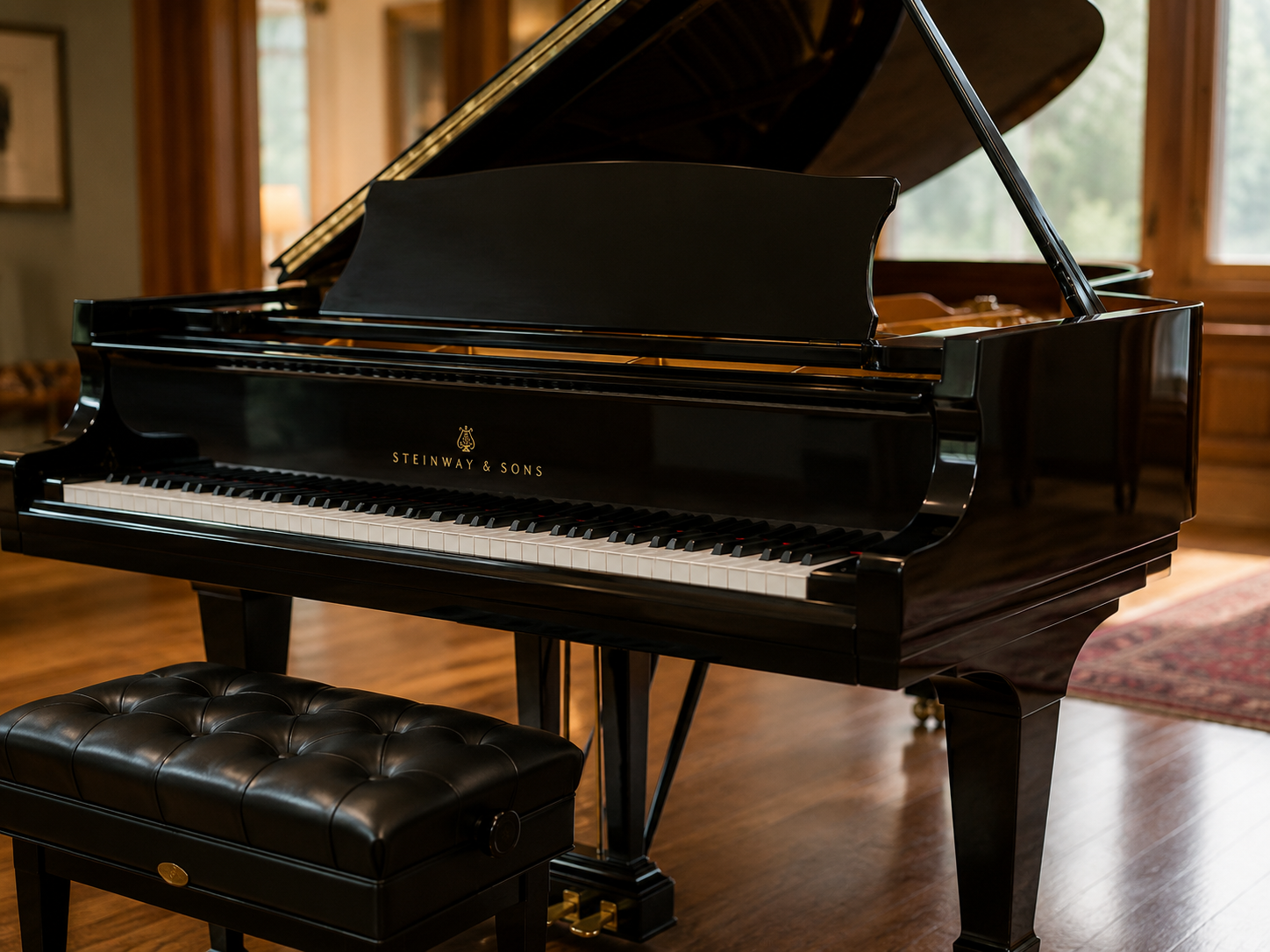 A black Steinway & Sons grand piano in a wood-paneled room with sunlight coming through windows.