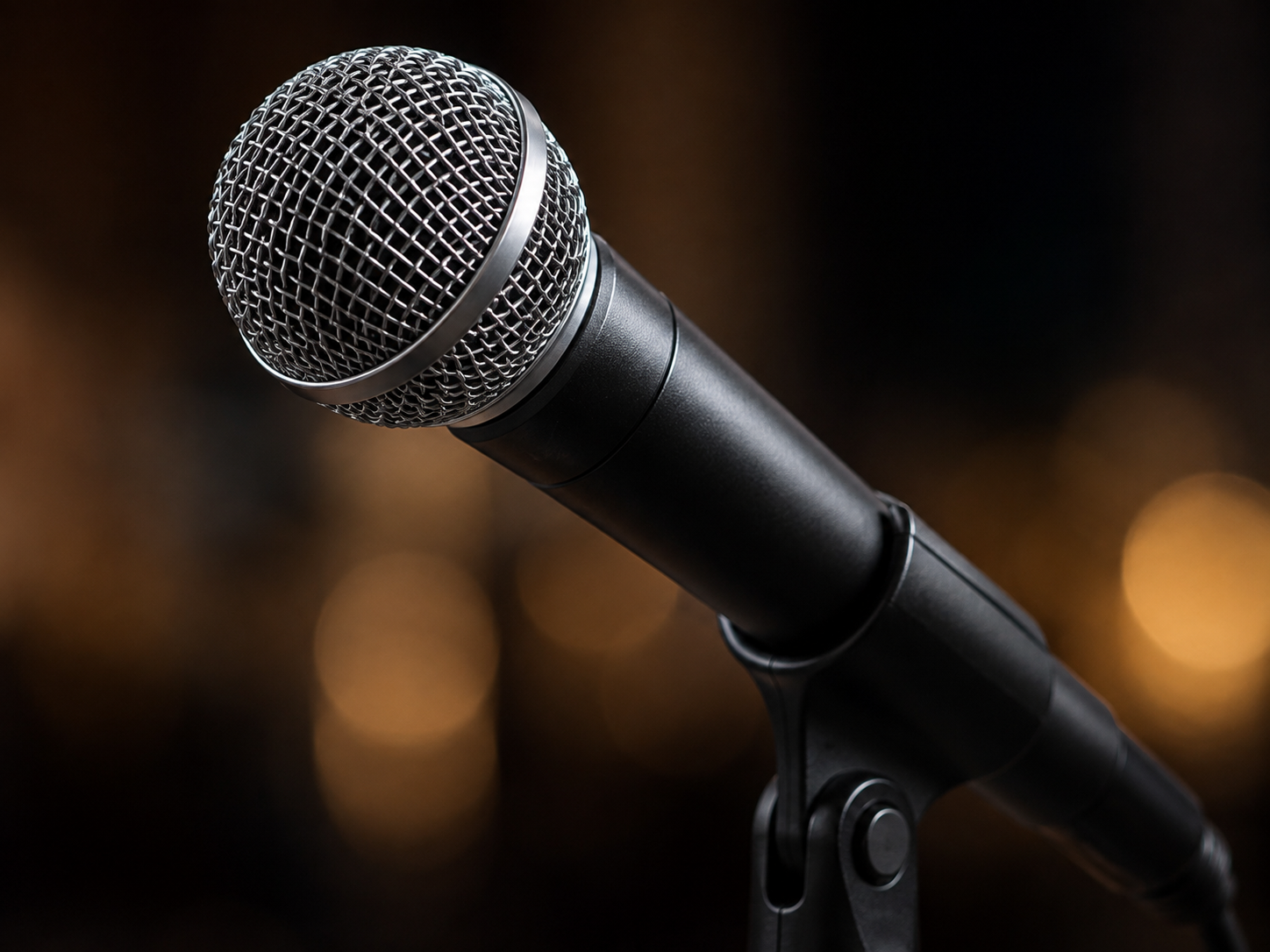 Close-up of a black microphone on a stand with blurred brownish background.