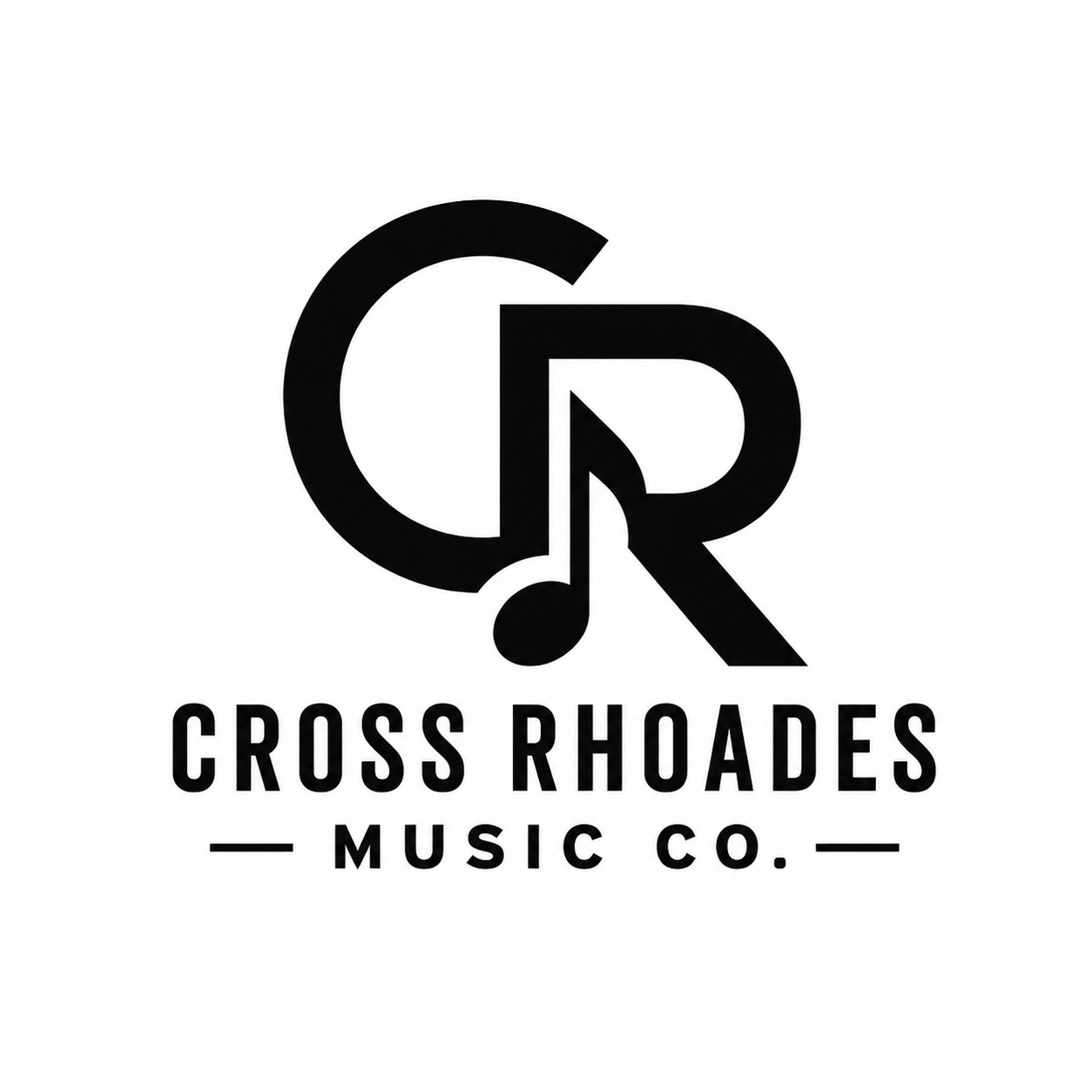 Logo for Cross Rhoades Music Co. featuring stylized letters C and R with a musical note integrated, in black on a white background.