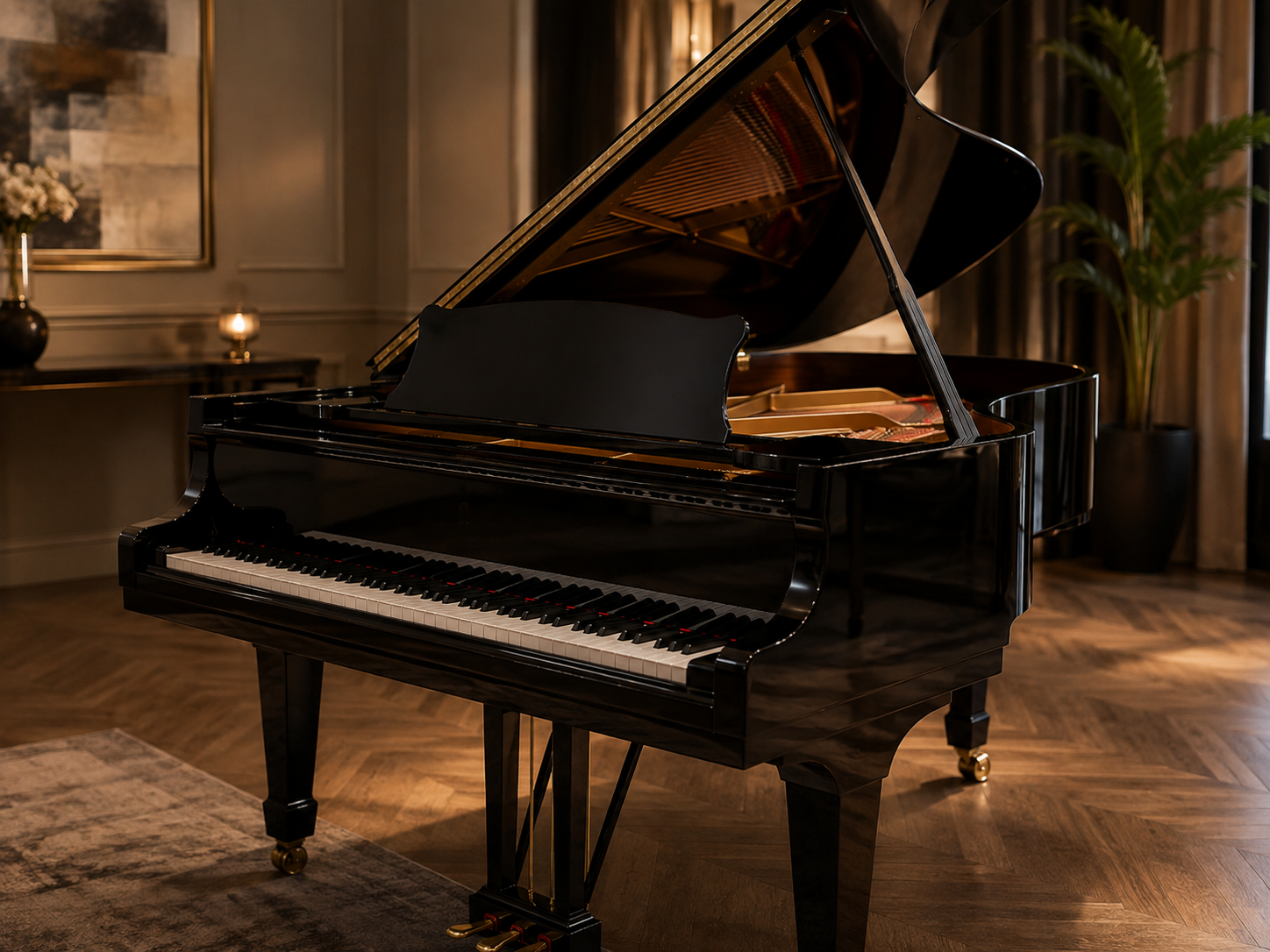 A shiny black grand piano in a cozy, elegant room with wooden floors and warm lighting, with a large potted plant in the background.