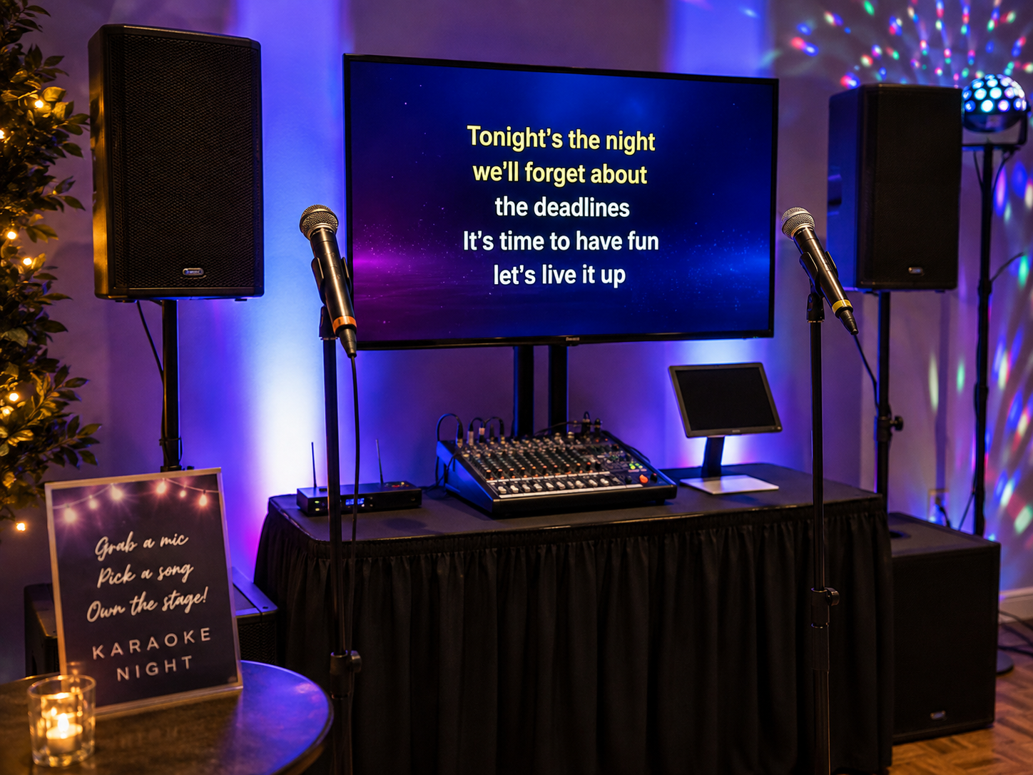 Karaoke setup with a large screen displaying song lyrics, two microphones on stands, a sound mixer, small monitor, and two large speakers. There is a sign on the left that reads 'Grab a mic, Pick a song, Own the stage! Karaoke Night,' with candles on a table nearby.
