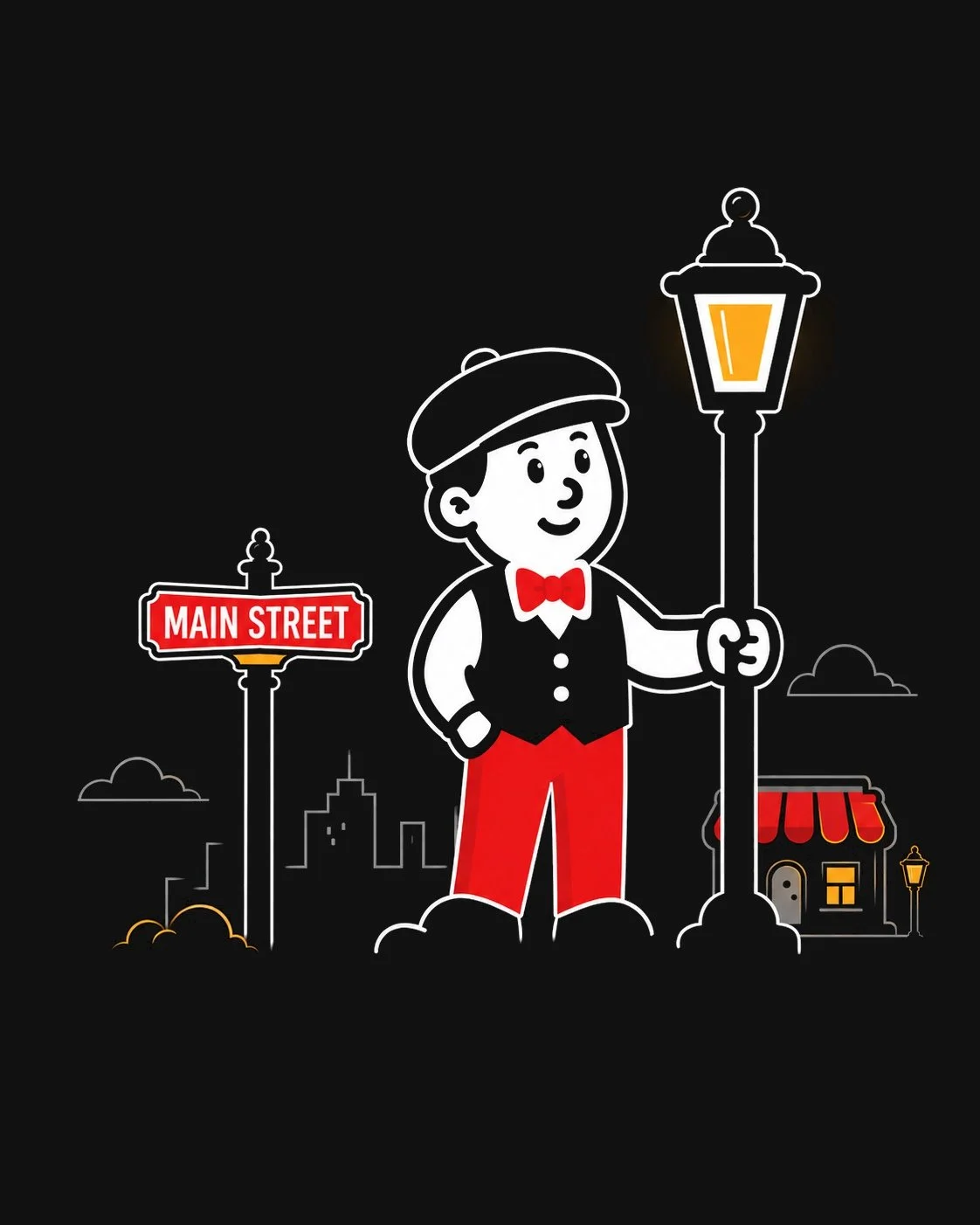MainStreet Business Works lamplighter mascot beside a Main Street sign and small-business storefronts