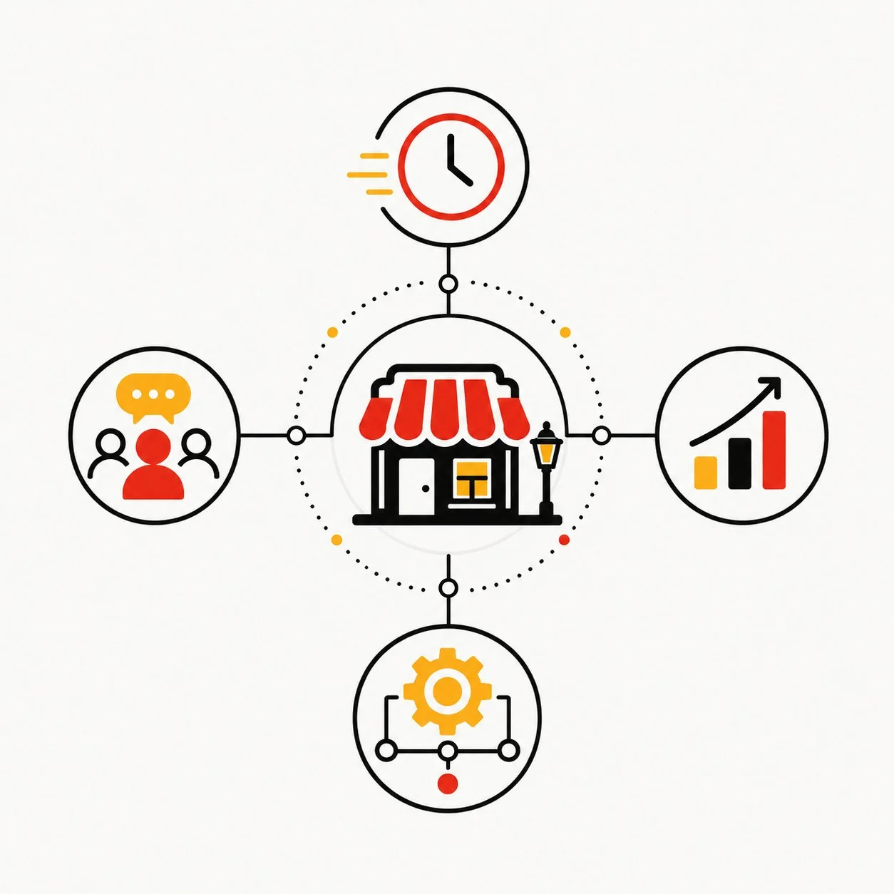 Diagram illustrating practical business systems connecting time savings, customer service, software, and growth