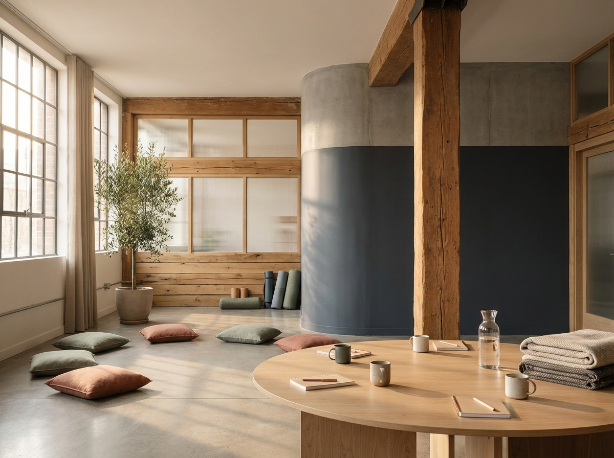 Modern interior with large windows, wooden accents, and a curved wall. Cushions on the floor, potted plant, and a round wooden table with notebooks, cups, a water pitcher, and folded blankets.