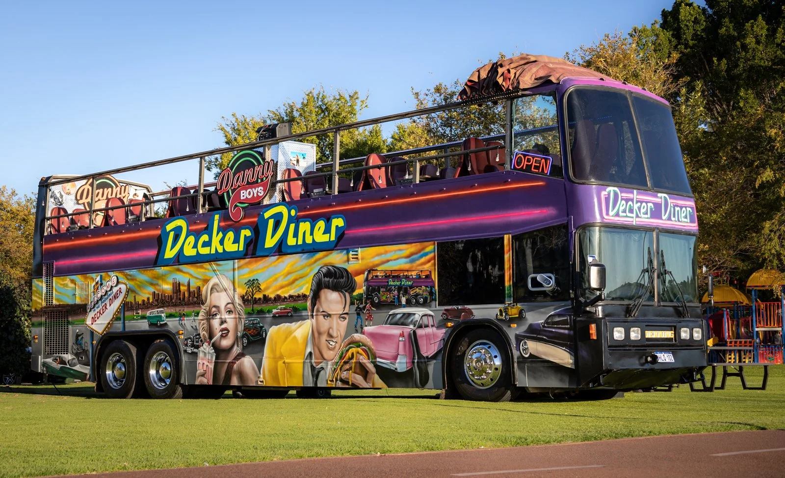 Commercial photography of a colourful burger diner restaurant bus in Western Australia