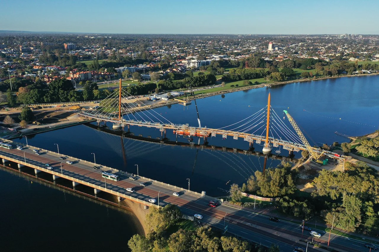 Aerial view of major bridge and infrastructure construction in Perth, Western Australia