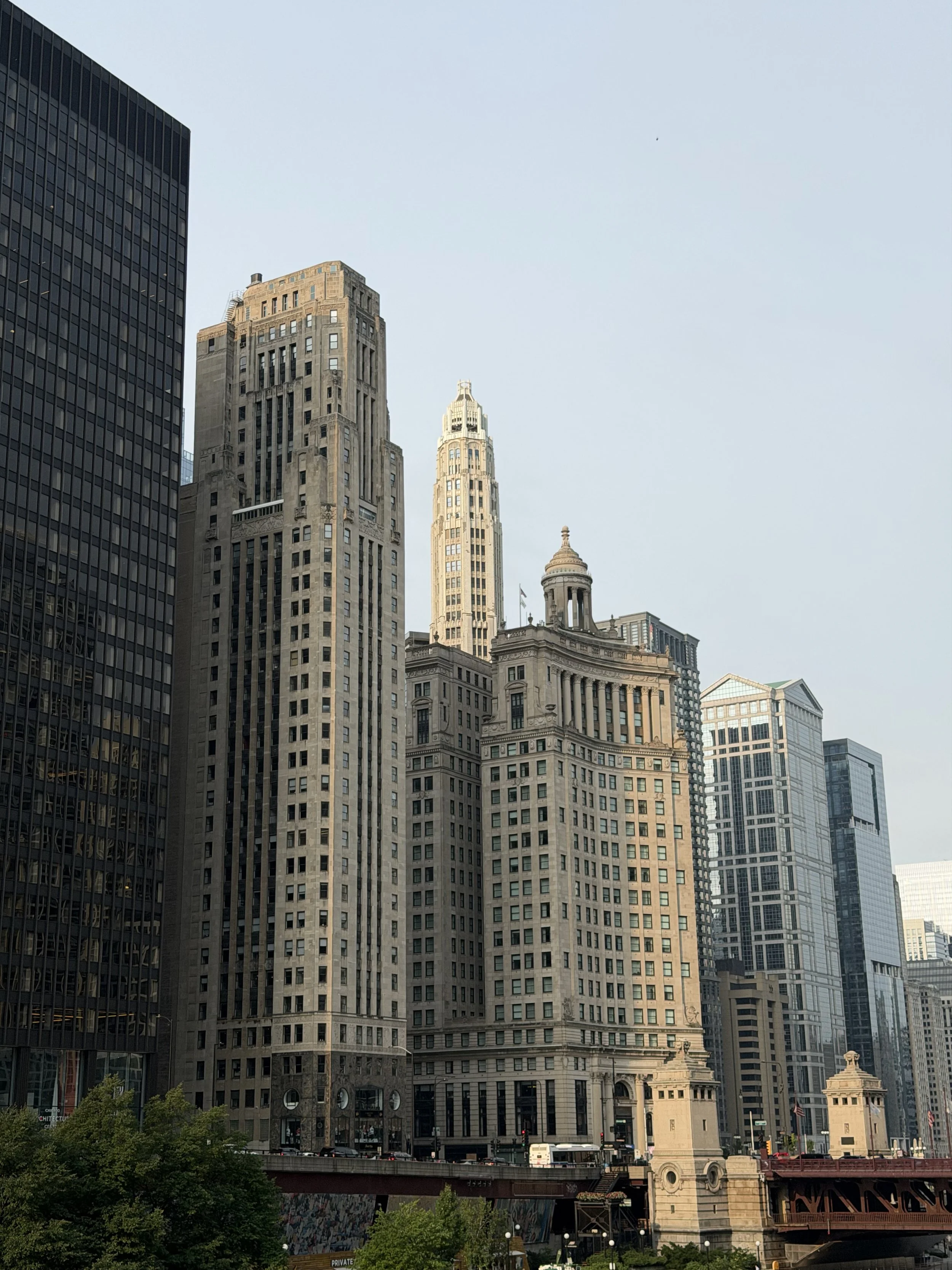 View of downtown Chicago skyscrapers with various architectural styles, including Art Deco and modern glass buildings, under a clear sky.