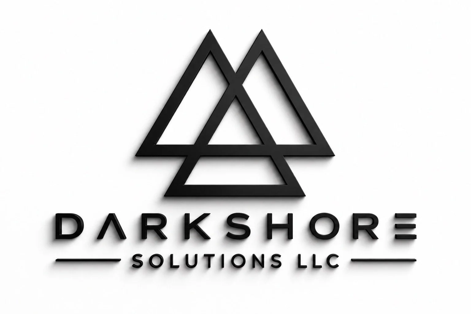 Black geometric logo of three overlapping triangles above the text 'Darkshore Solutions LLC' on a white background.