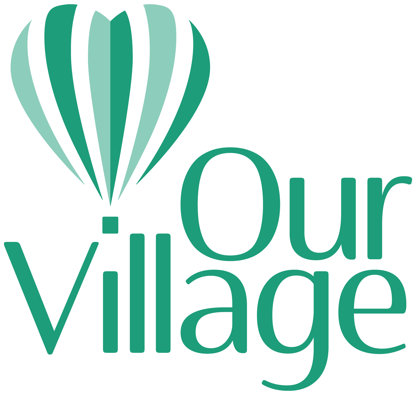 A logo with a stylized green hot air balloon and the words "Your Village" in teal, modern font, arranged with "Your" above "Village."