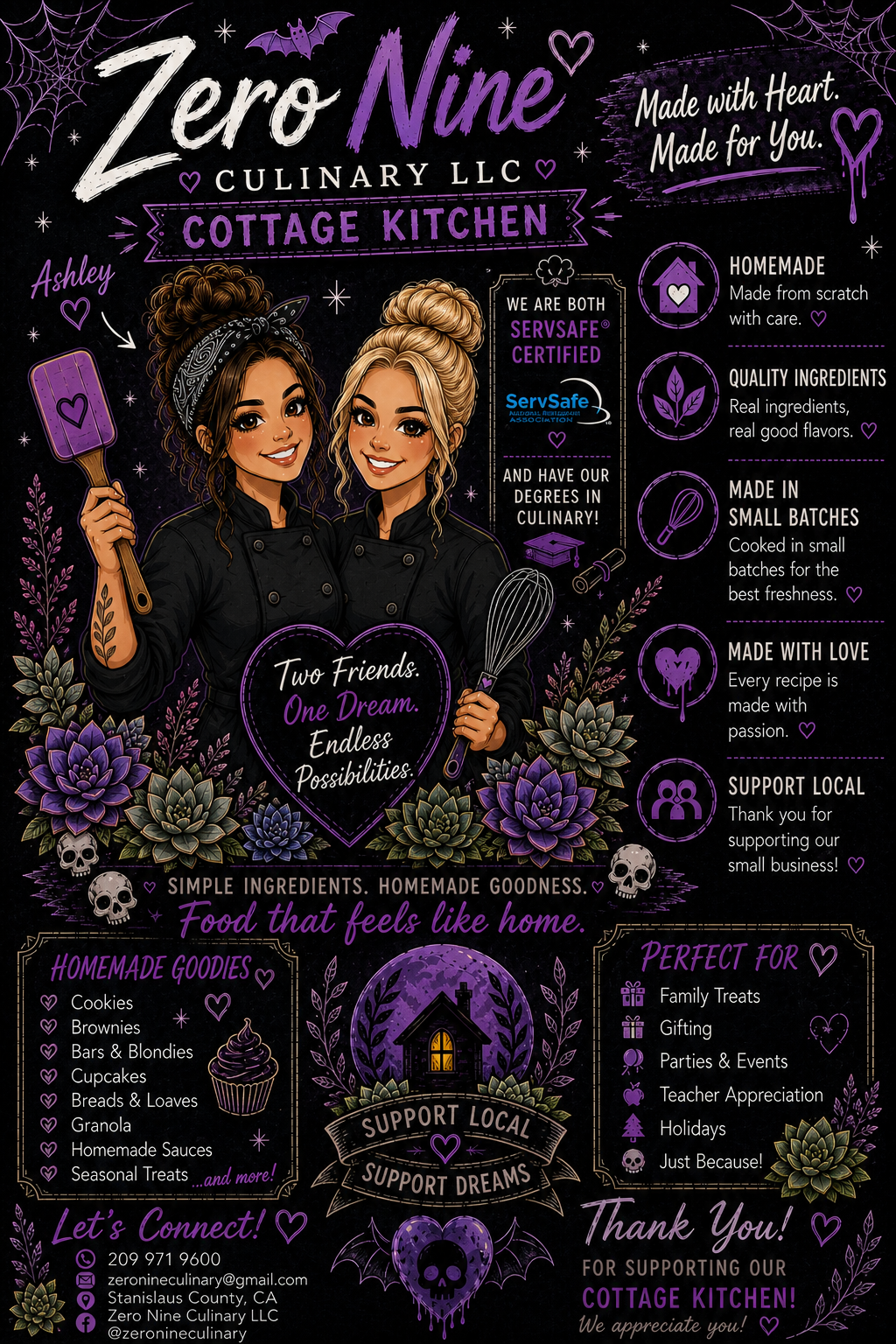 A colorful promotional poster for Zero Nine Culinary LLC's cottage kitchen featuring two women in black chef uniforms holding cooking utensils, surrounded by floral and Halloween-themed decorations. Text highlights organic, homemade, and local qualities, with contact information, and a list of homemade treats and perfect for occasions.