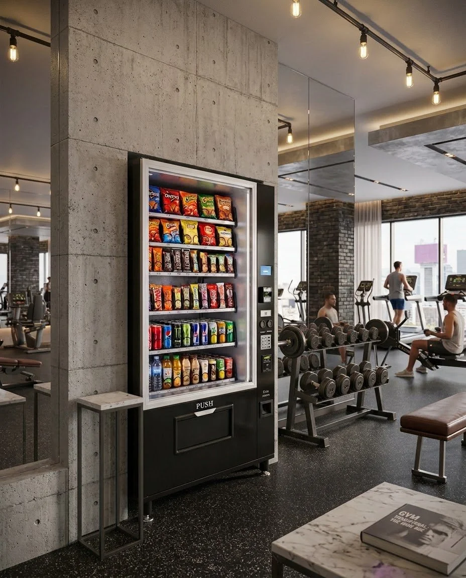 Vending machine with snacks and drinks inside a gym with people working out in the background.