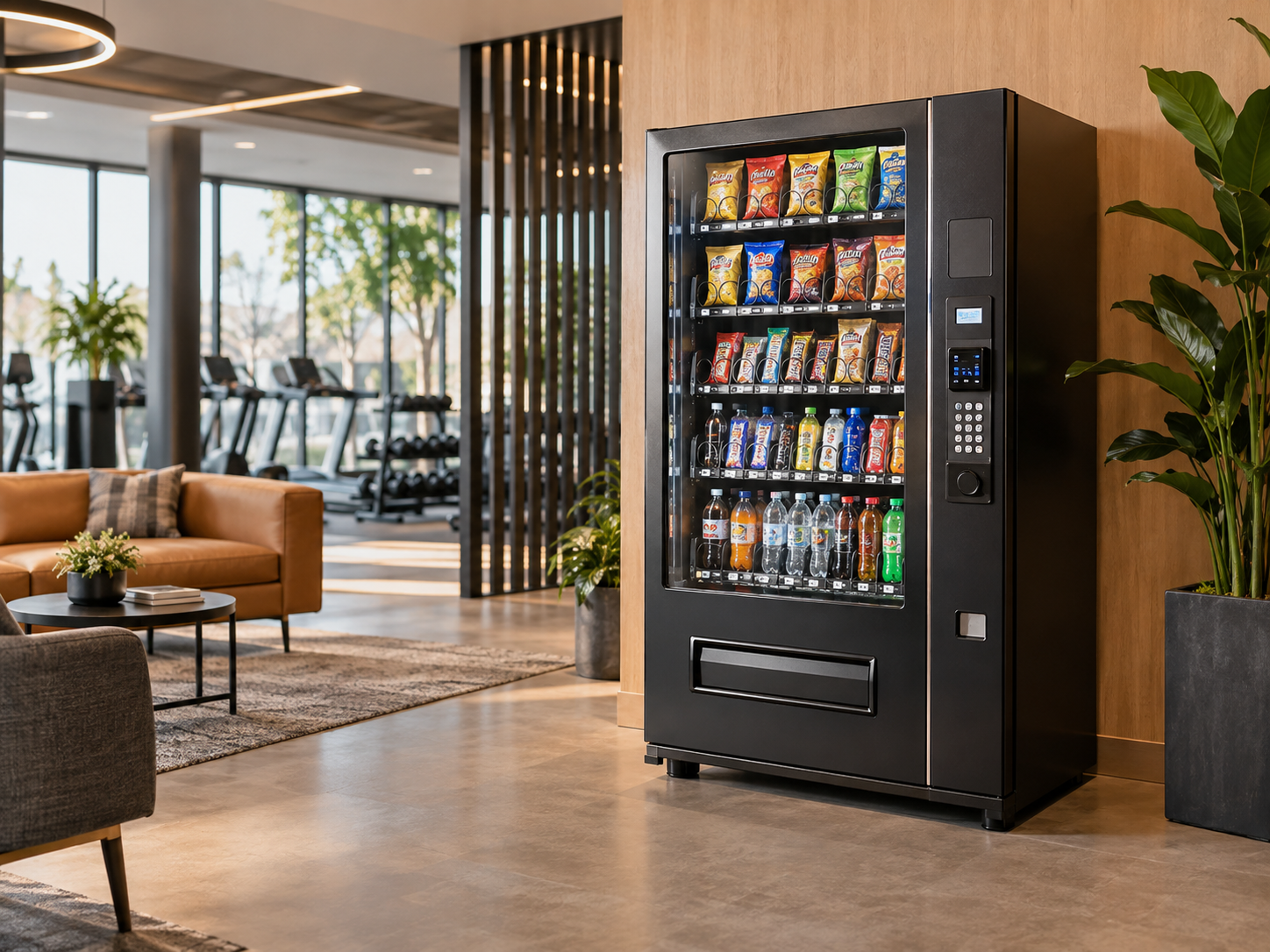 A vending machine filled with snacks and drinks in a modern hotel lobby with seating area and gym in the background.