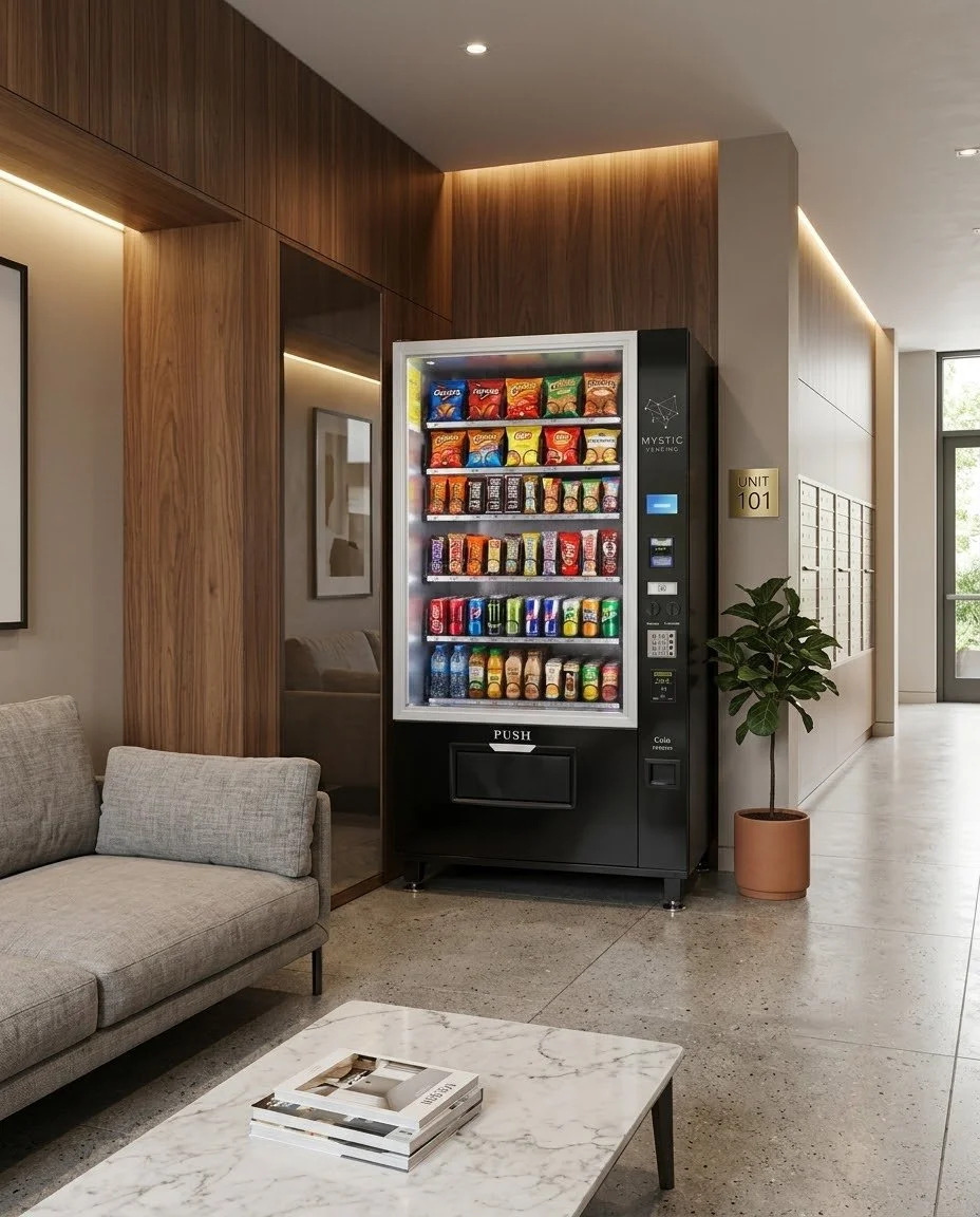 A vending machine stocked with snacks and drinks in a modern lobby area with a grey sofa, a marble coffee table with books, potted plant, and mailboxes on the wall.