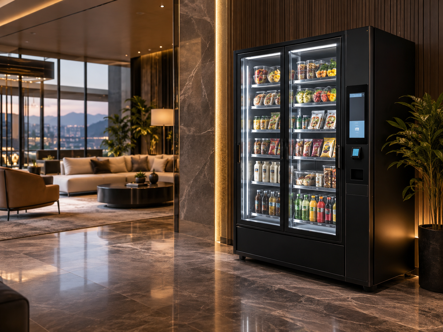 Modern lounge area with sofa, armchair, coffee table, and decor, with a city view through large windows, adjacent to a vending machine filled with snacks and drinks.