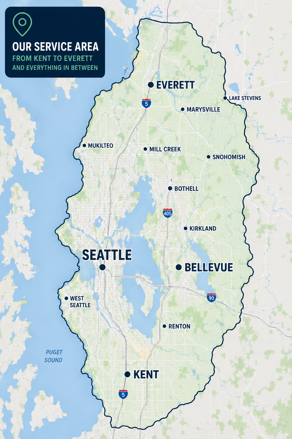 Map showing a service area in Washington State from Kent in the south to Everett in the north, including cities such as Seattle, Bellevue, Kirkland, Renton, Snohomish, Mill Creek, Lake Stevens, Mukilteo, and Marysville. The map highlights major highways I-5, I-405, and I-90.