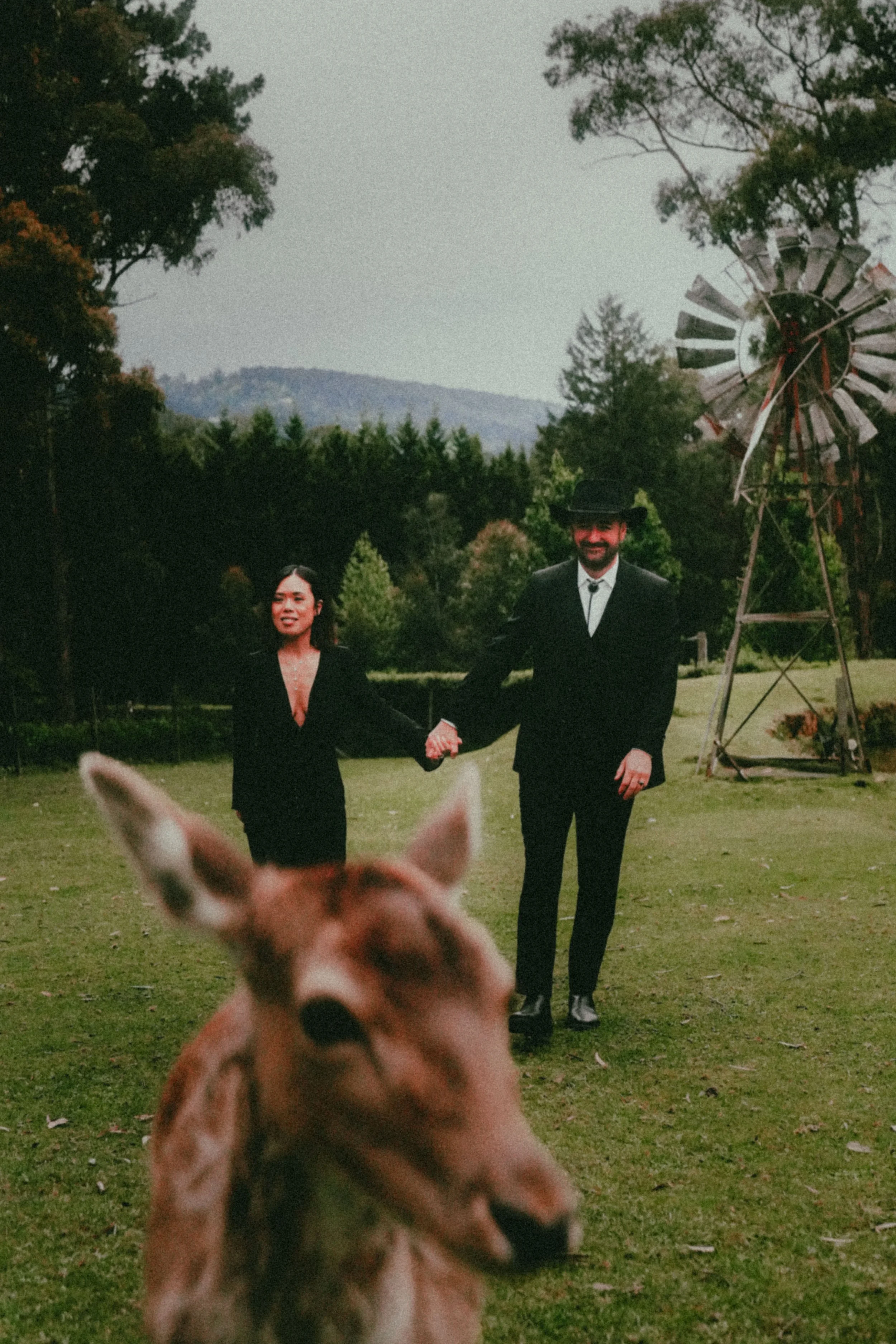 A happy couple holding hands, dressed in formal black attire, standing outdoors with trees and a windmill in the background, while a dog is in the foreground.