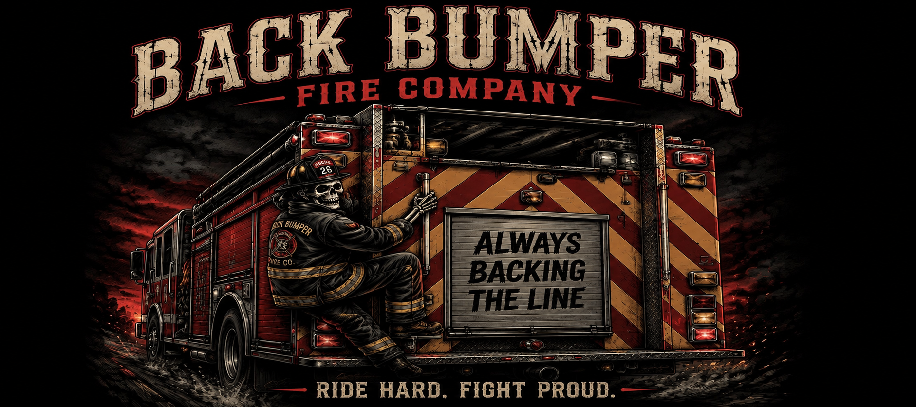 Illustration of a fire truck with a skeleton firefighter sitting on it. The background is dark and smoky. The text reads 'Back Bumper Fire Company', 'Always Backing the Line', and 'Ride Hard, Fight Proud'.