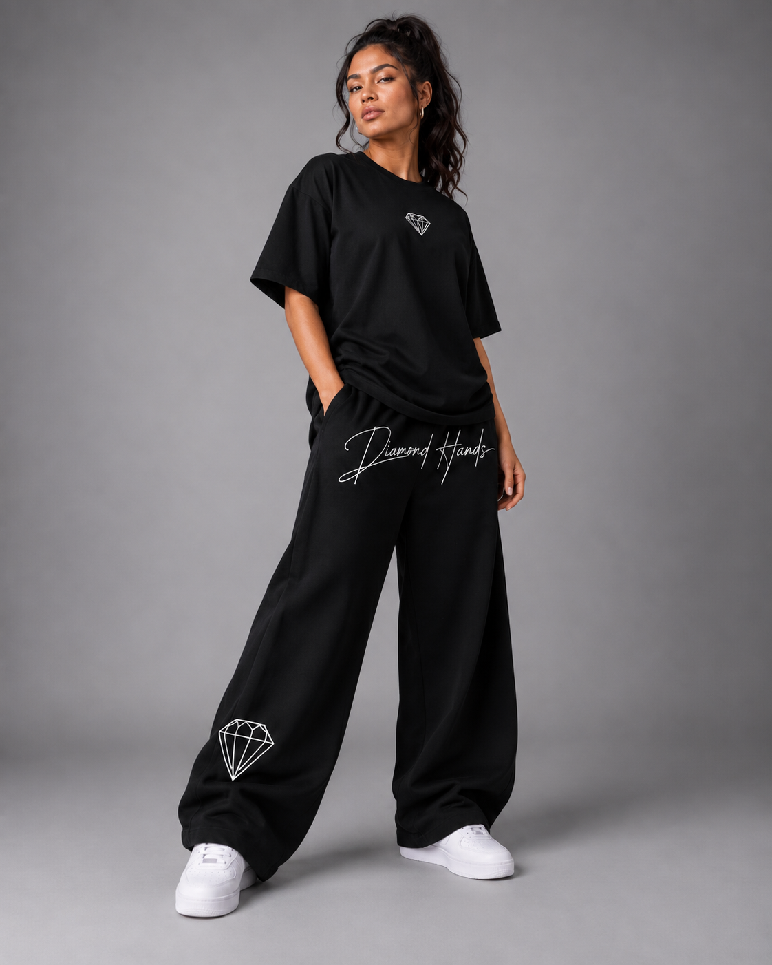 Diamond Hands flare sweatpants on model