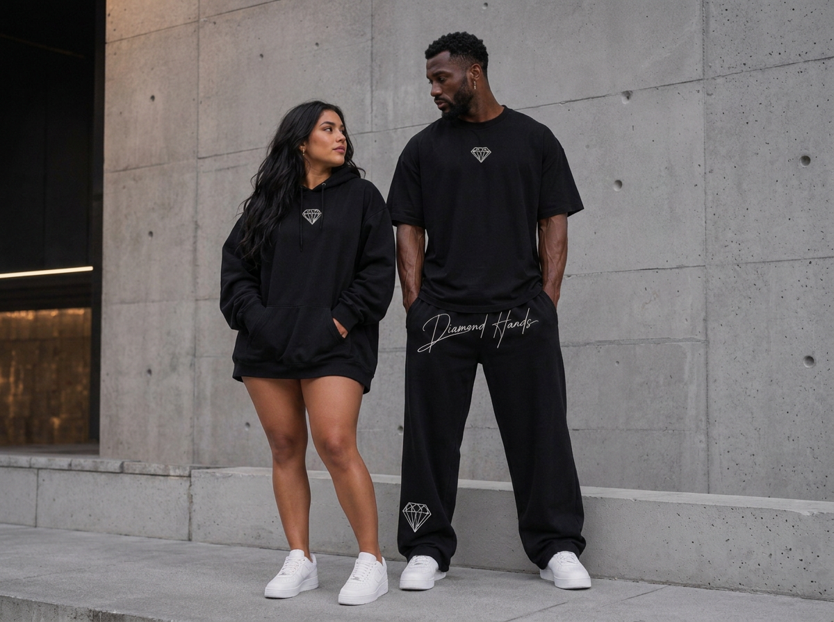 Diamond Hands models wearing black oversized hoodie and pump cover tee