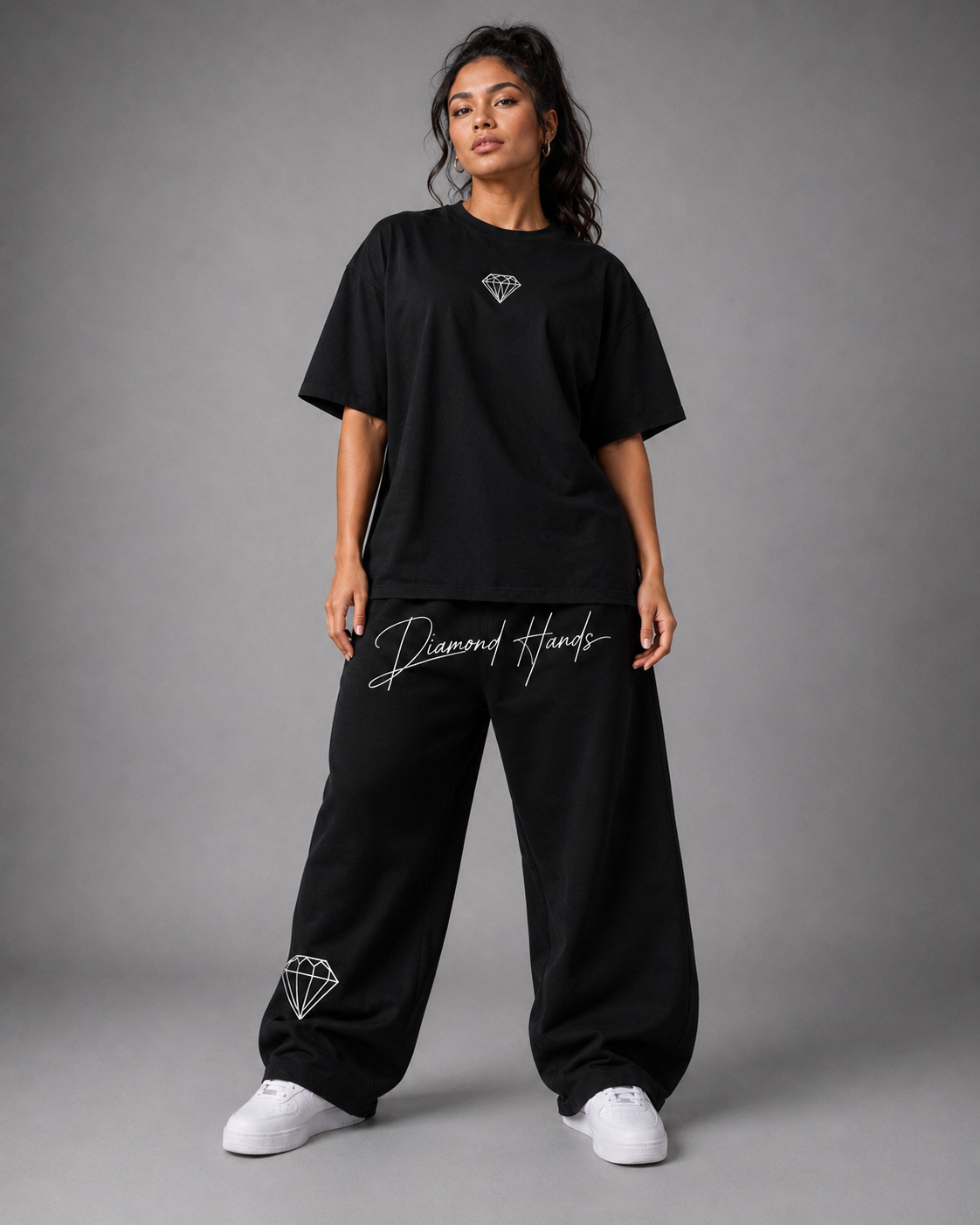 Diamond Hands oversized pump cover on model