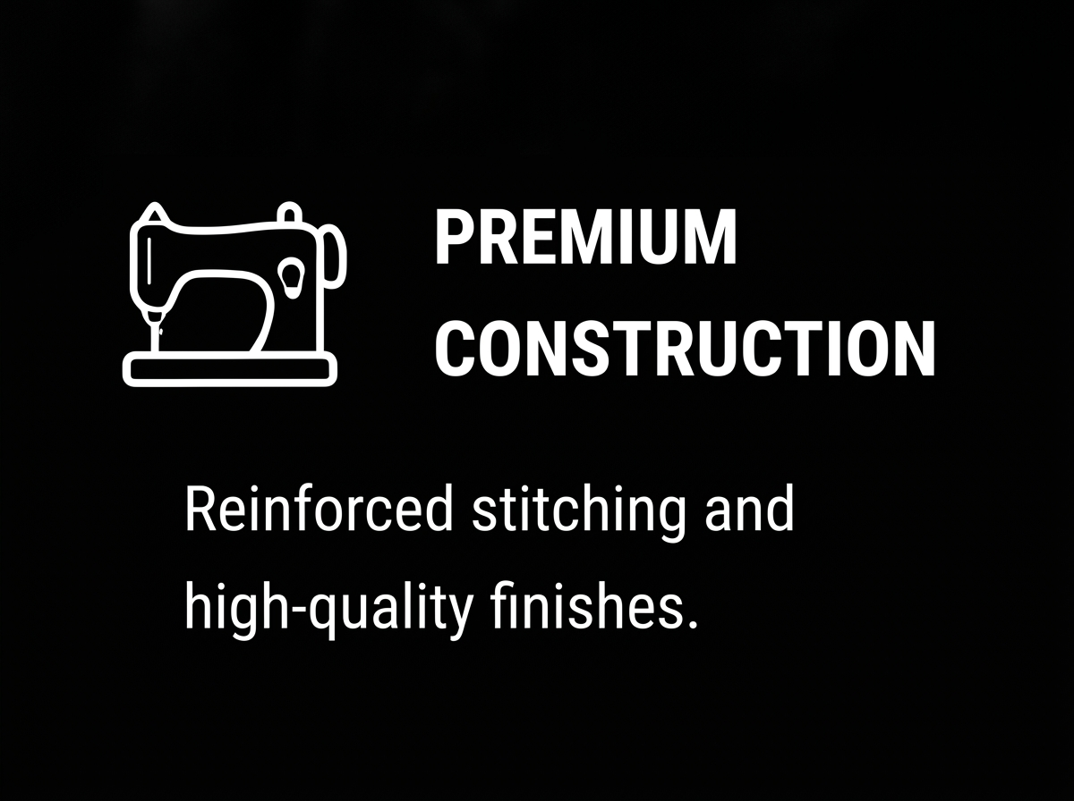 Black background with a white sewing machine icon and the text 'Premium Construction Reinforced stitching and high-quality finishes.'