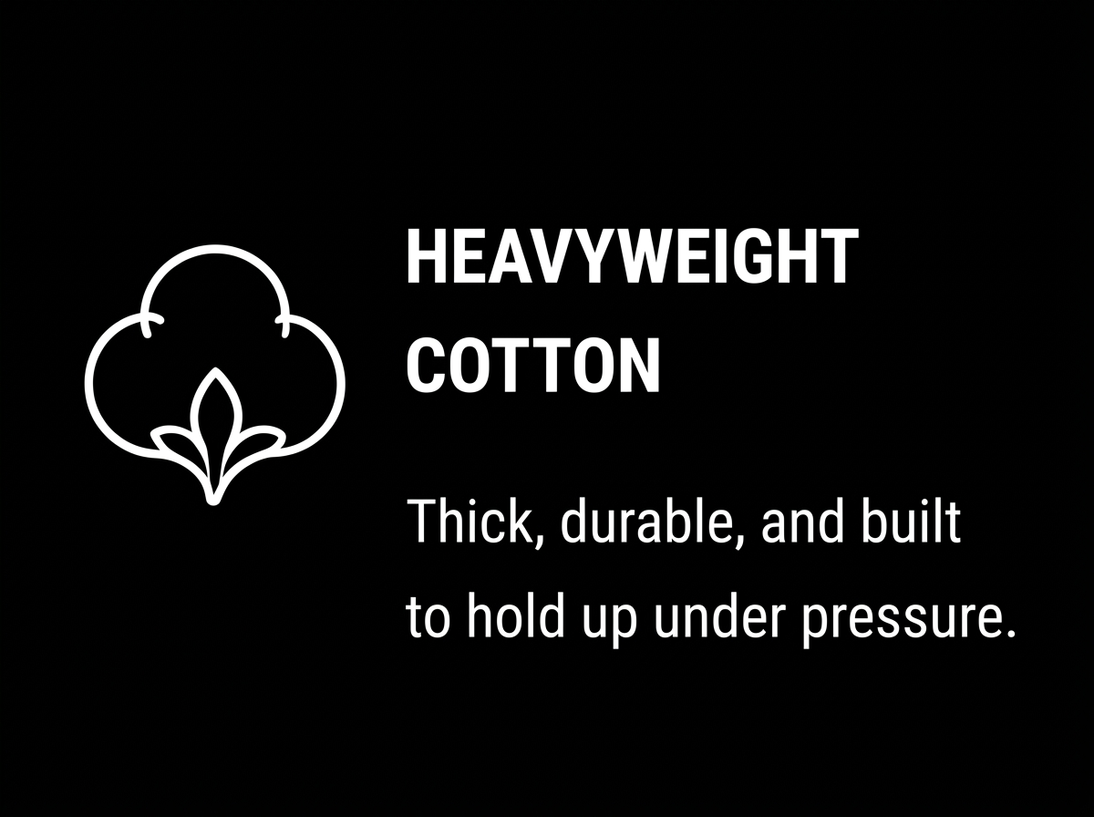 Black background with white text and cotton illustration. The text reads "Heavyweight Cotton" and "Thick, durable, and built to hold up under pressure."