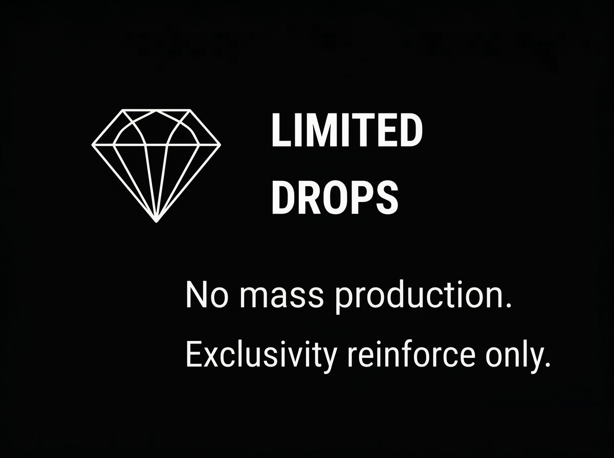 Black background with white line drawing of a diamond and text that says "Limited Drops" and "No mass production. Exclusivity reinforce only."