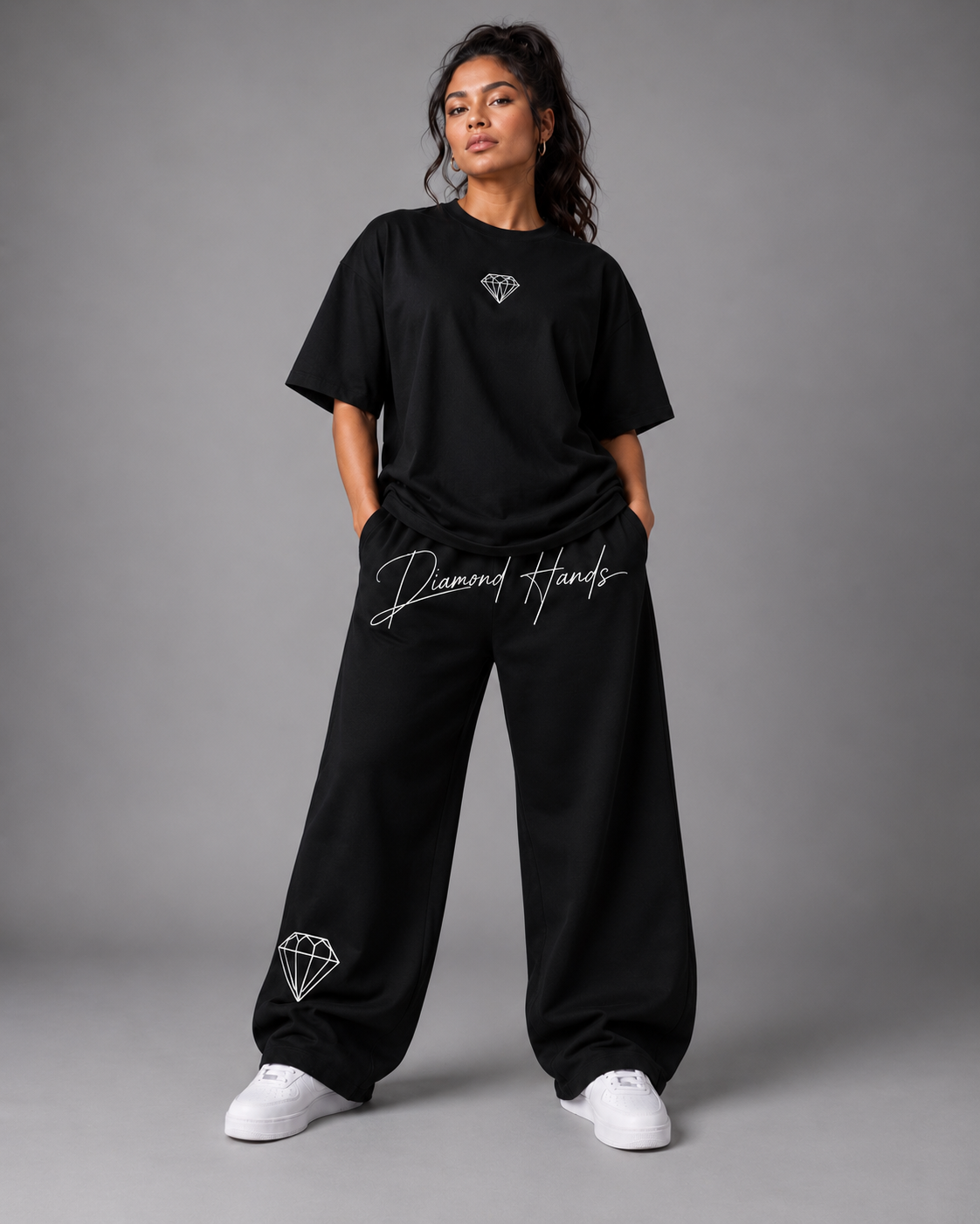 Diamond Hands flare sweatpants on model