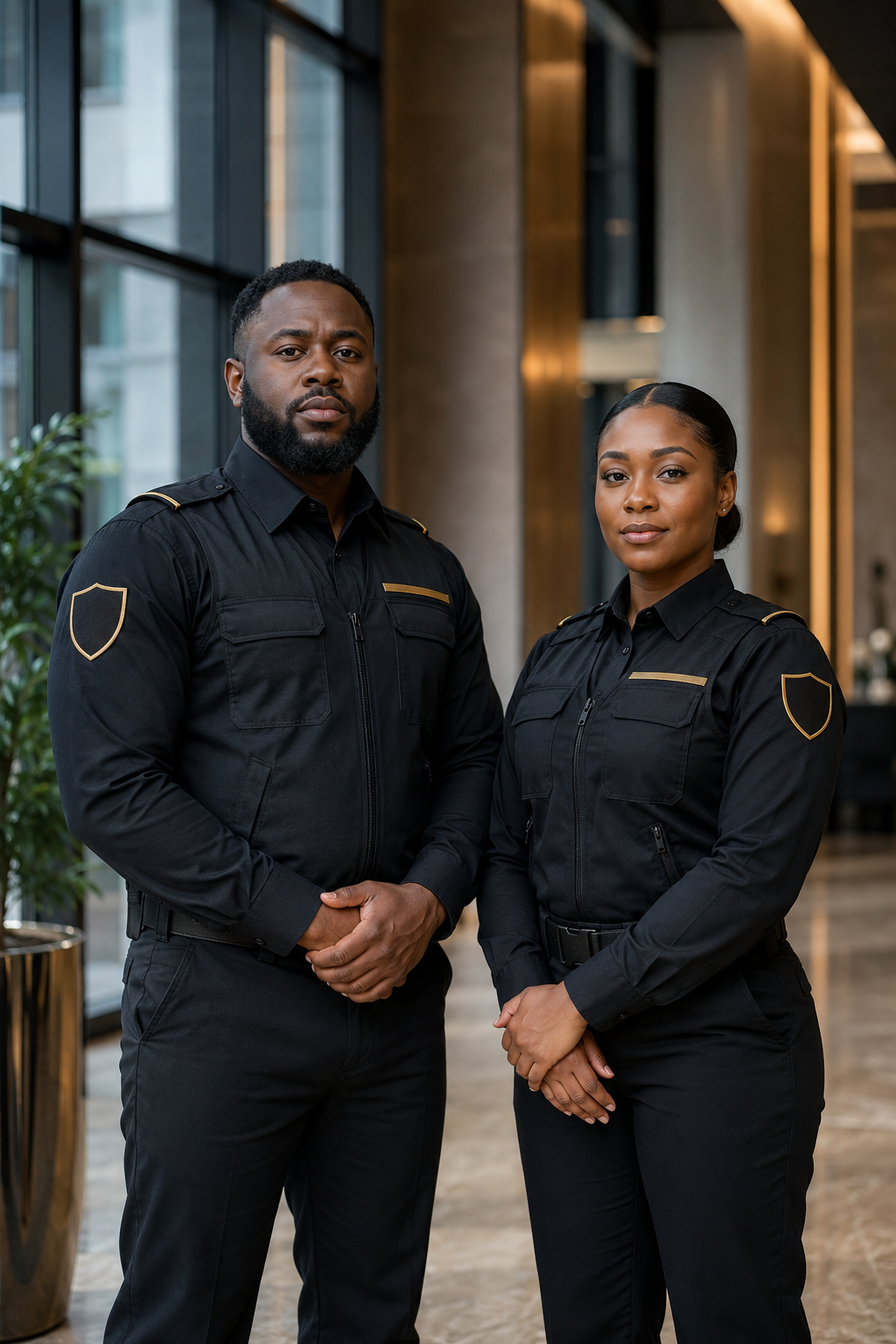 Two security guards, a man and a woman, standing inside a modern building with large windows and wooden accents, dressed in black uniforms with gold trim, looking serious.