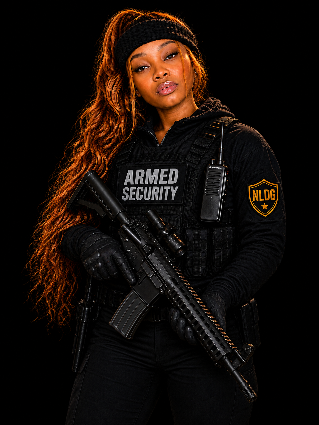 Female armed security officer holding a rifle against a black background, wearing a black uniform, tactical gear, and a beanie.