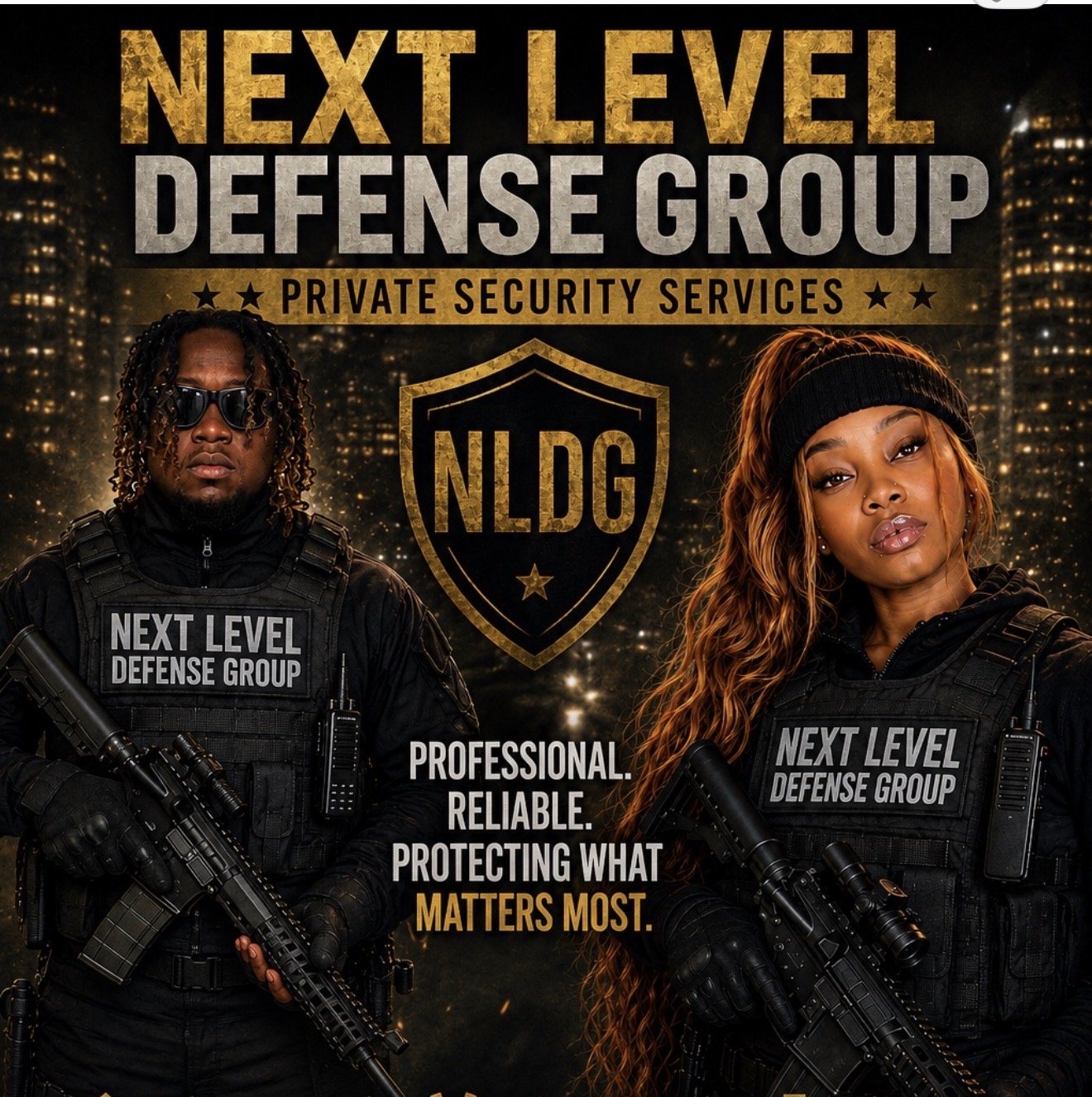 A promotional image for Next Level Defense Group featuring a male and female security professional dressed in tactical gear with rifles. The background shows a city skyline at night. The text highlights private security services, professionalism, reliability, and protection.