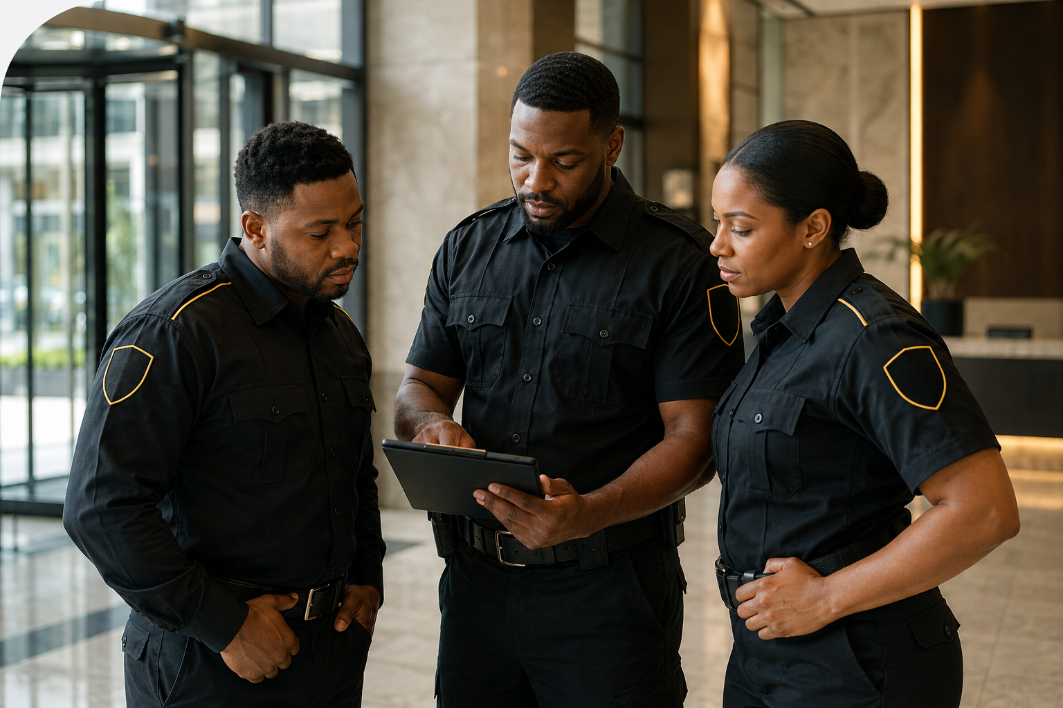 Three security officers in black uniforms standing in a modern hotel lobby, looking at a tablet held by one officer.