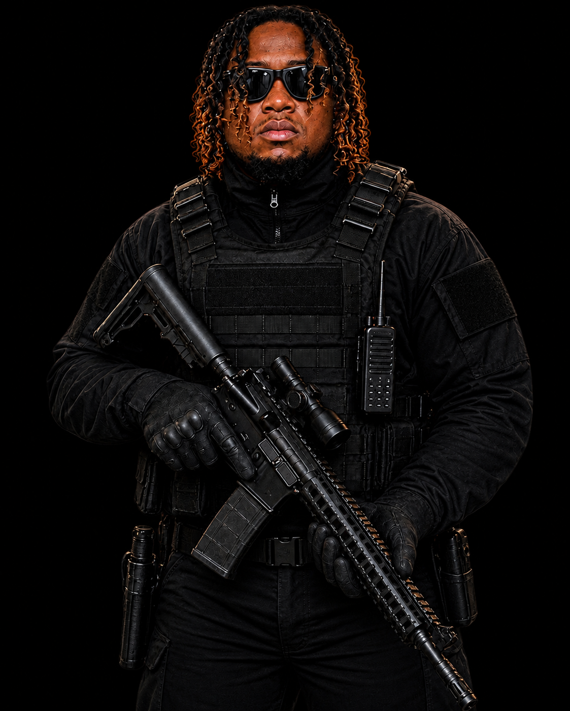 A heavily armed man wearing tactical gear, sunglasses, and protective gloves, holding a rifle against a black background.