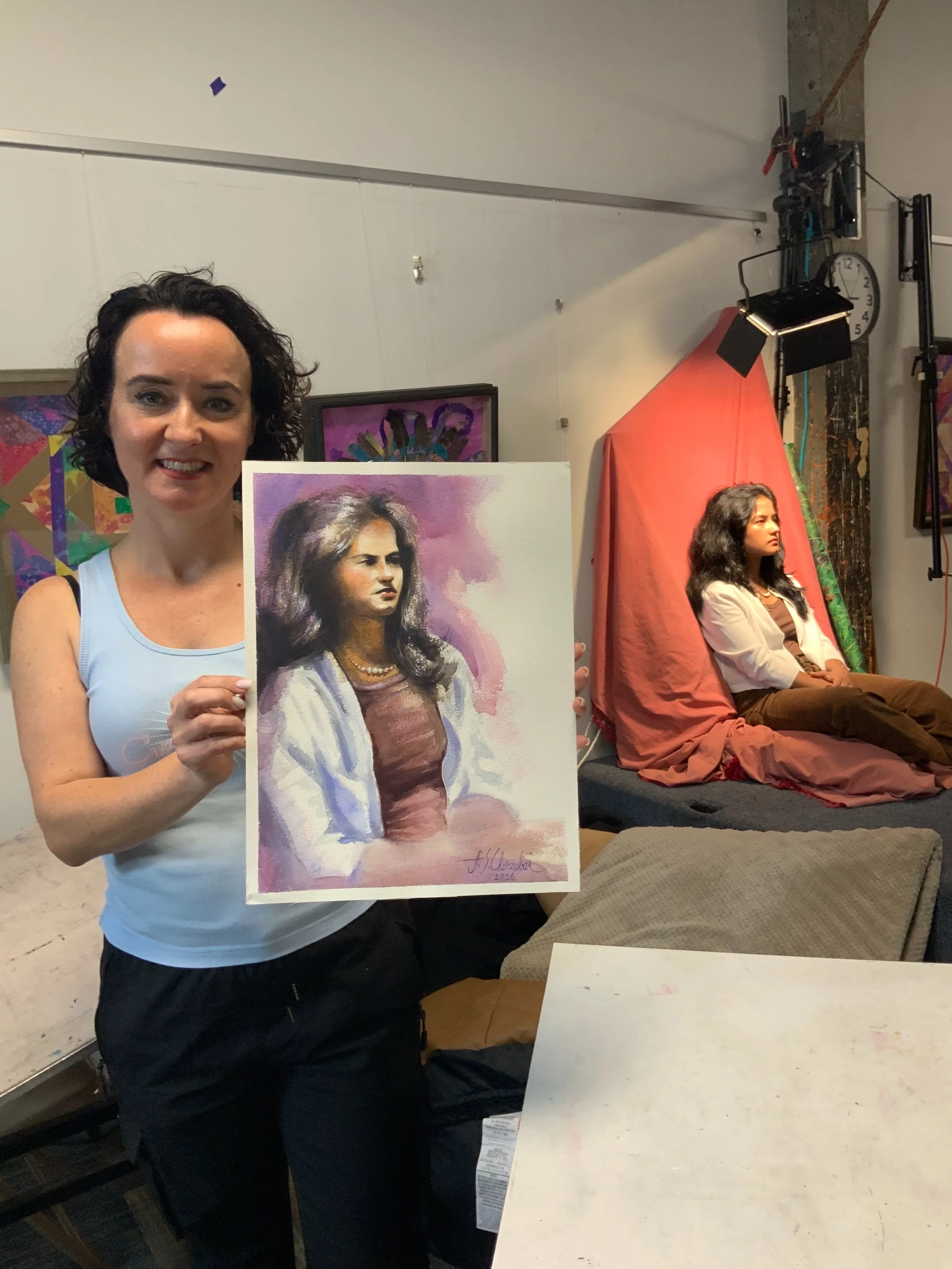September 13 was a Second Sunday, which around these parts means along Pose Nude session. Here Anna poses with her watercolor with the model in the background.