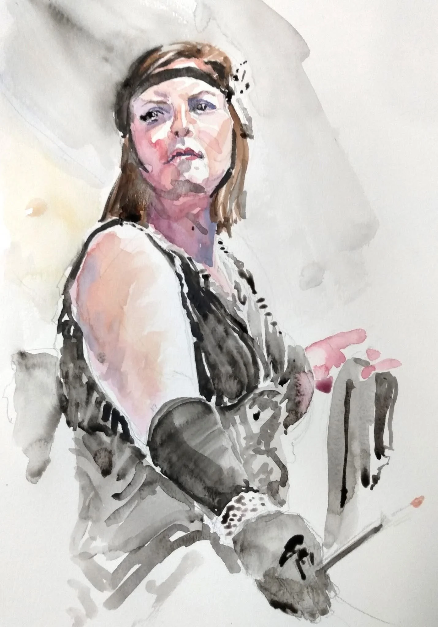 Watercolor portrait of a woman with light skin, shoulder-length brown hair, wearing a sleeveless top, with a serious expression, against a light background.