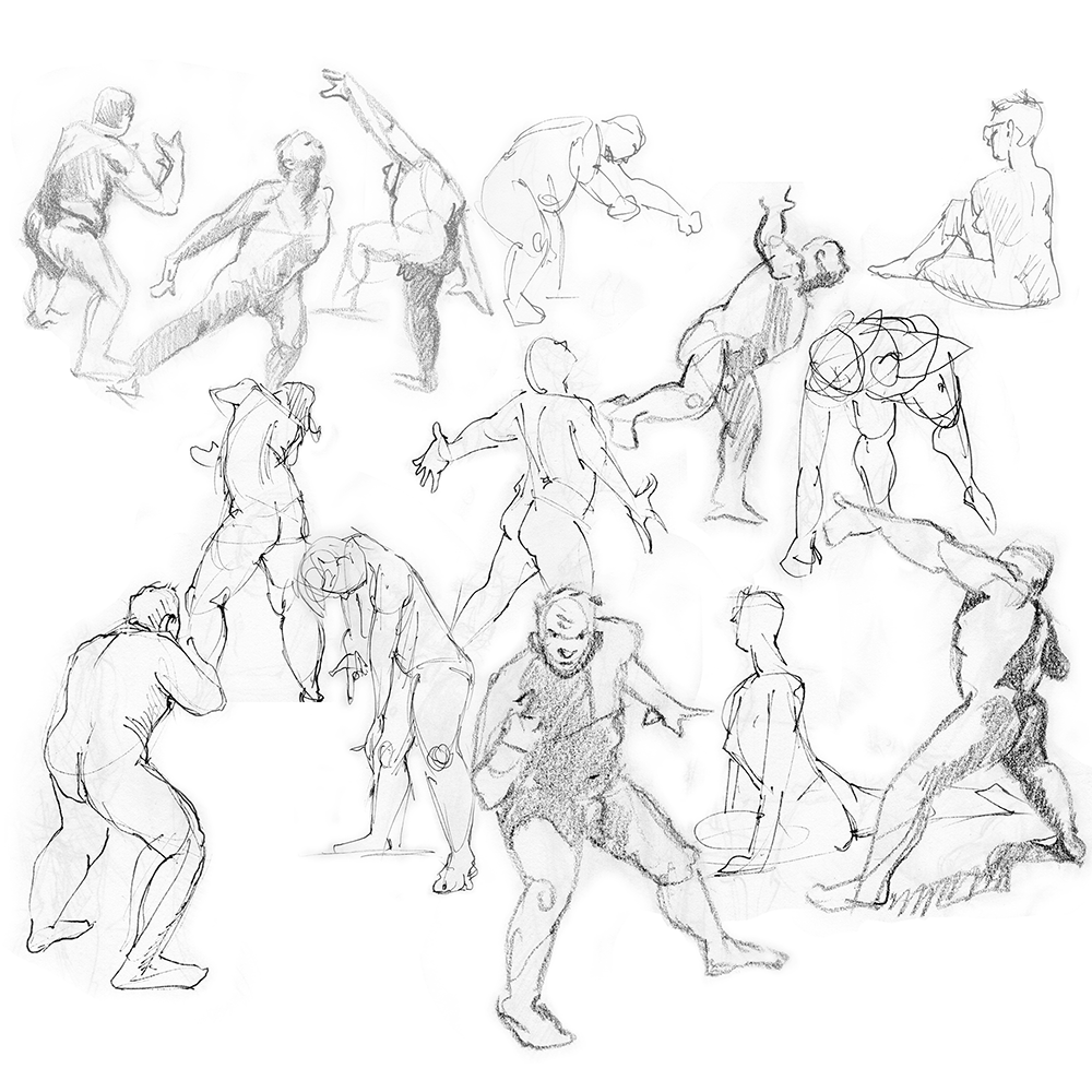 Sketch of multiple people in various poses engaging in physical activities or dance movements.