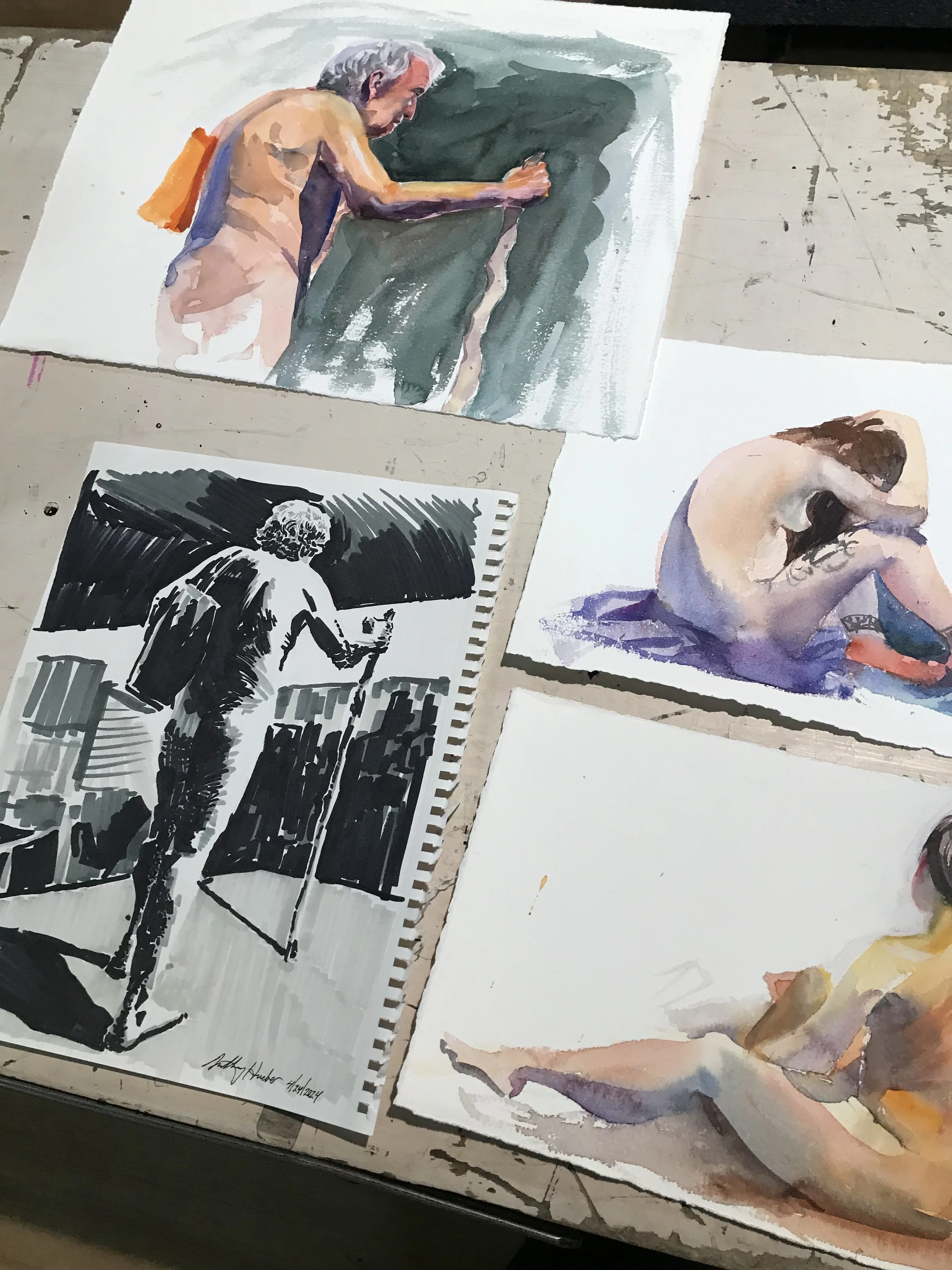 A collection of watercolor paintings of nude or semi-nude women in various poses, with some paintings showing the women sitting or lying down, displayed on a textured, rustic surface.