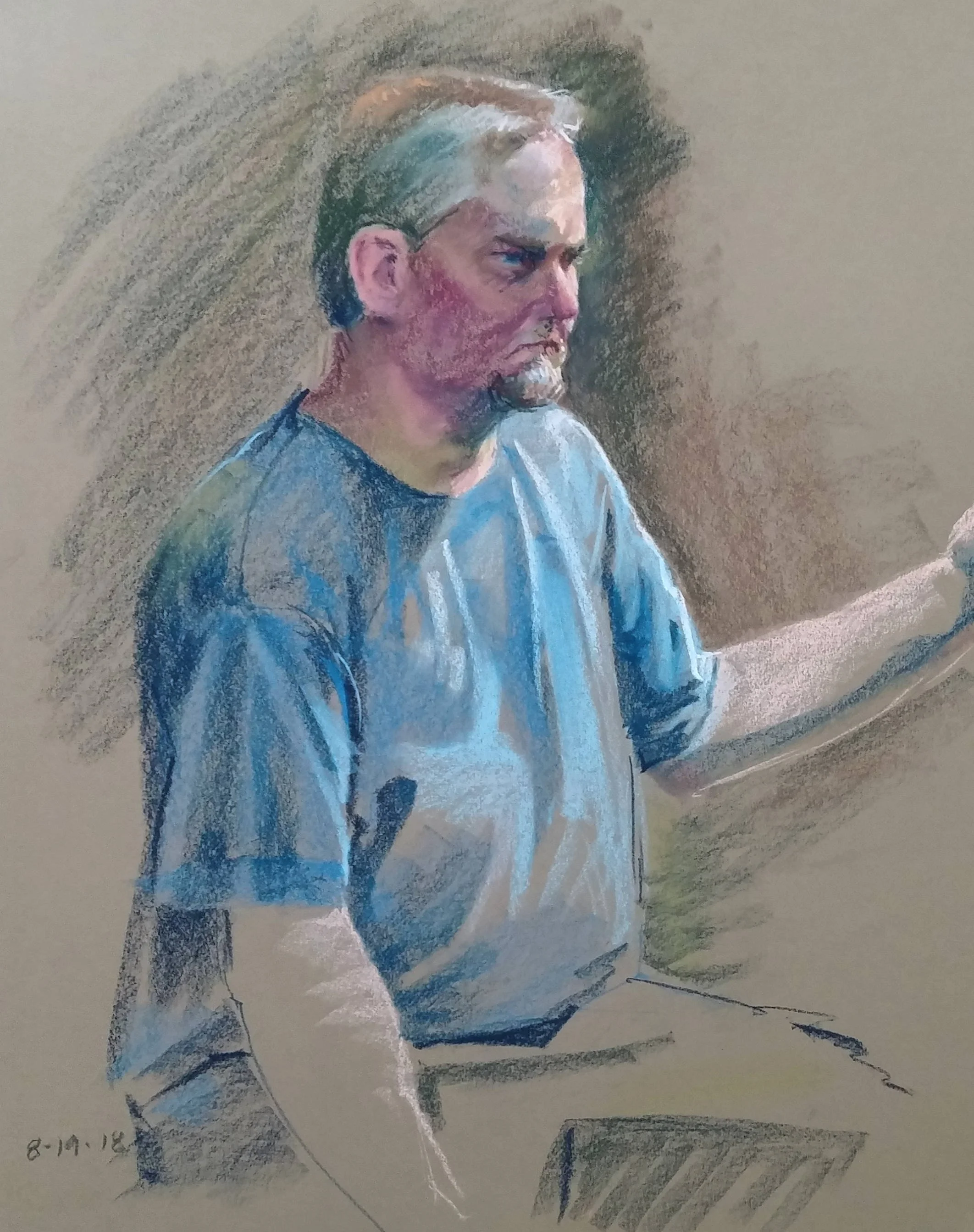 An artistic portrait of a man with glasses, short dark hair with some gray, and a beard, rendered in colored pencil or pastel with textured strokes, wearing a blue shirt, against a neutral background.