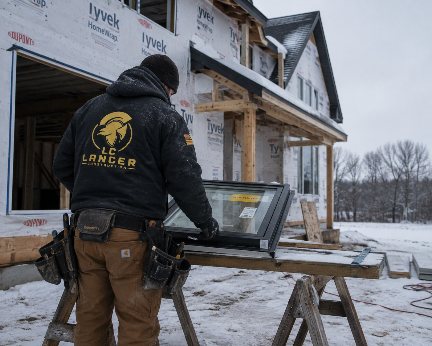 A construction worker wearing a black jacket with a logo and an American flag patch is inspecting a window at a snowy construction site. The house under construction has exposed wooden beams and is wrapped with insulation material. Snow covers the ground and trees are visible in the background.