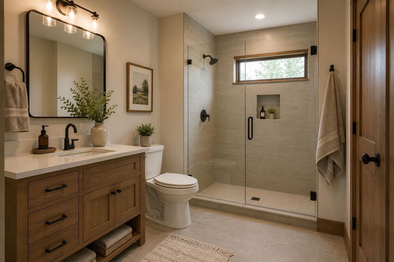 A modern bathroom with a wooden vanity, a white sink, a large mirror, and a shower with glass door and beige tiles. There is a window in the shower, a towel hanging on a wall hook, and small decorative plants.