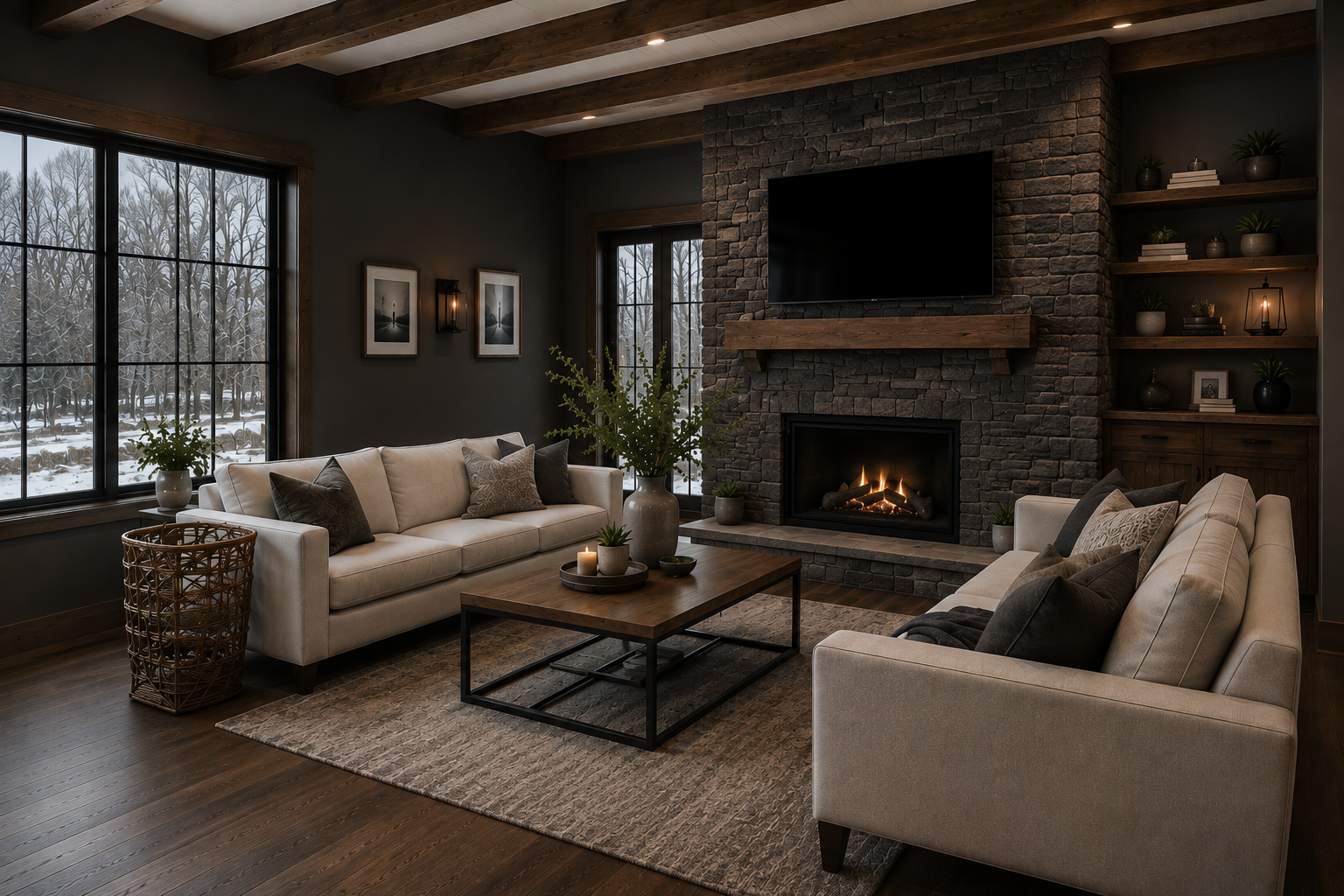 Living room with a fireplace, large windows showing a snowy landscape, two beige sofas, a wooden coffee table with candles and plants, and a stone fireplace with a mounted TV. Dark-colored walls, wooden ceiling beams, and built-in shelves with decor.